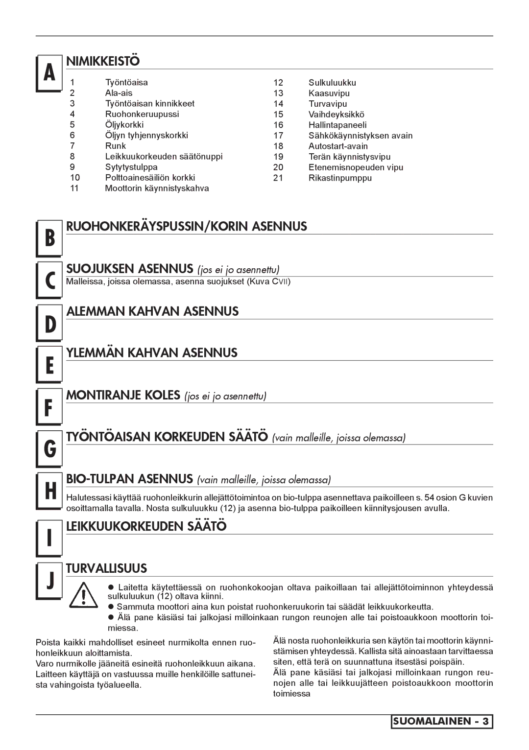 Husqvarna 966523901 Nimikkeistö, RUOHONKERÄYSPUSSIN/KORIN Asennus, Alemman Kahvan Asennus Ylemmän Kahvan Asennus 