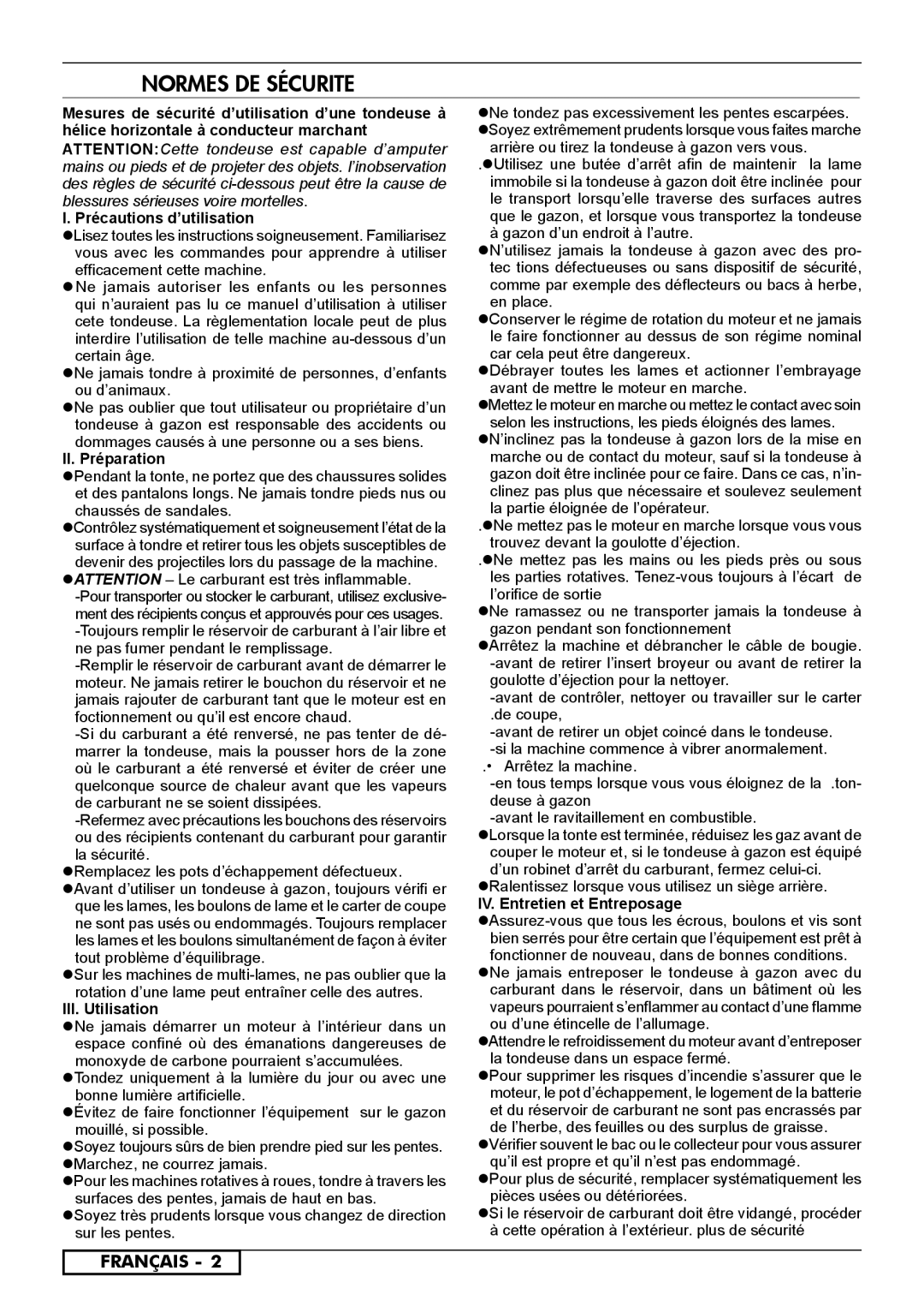 Husqvarna 966498101 Normes De Sécurite, Français, I. Précautions d’utilisation, II. Préparation, III. Utilisation 