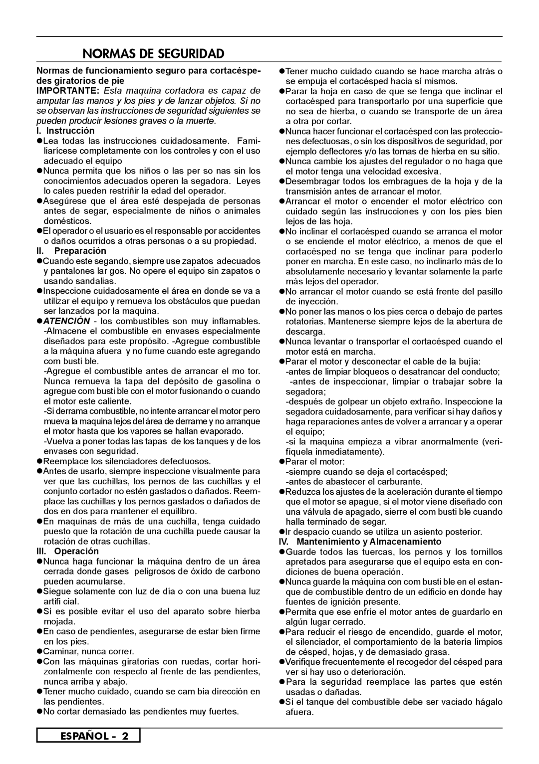 Husqvarna 962000107, 966524101, 962000110 Normas De Seguridad, Español, I. Instrucción, II. Preparación, III. Operación 