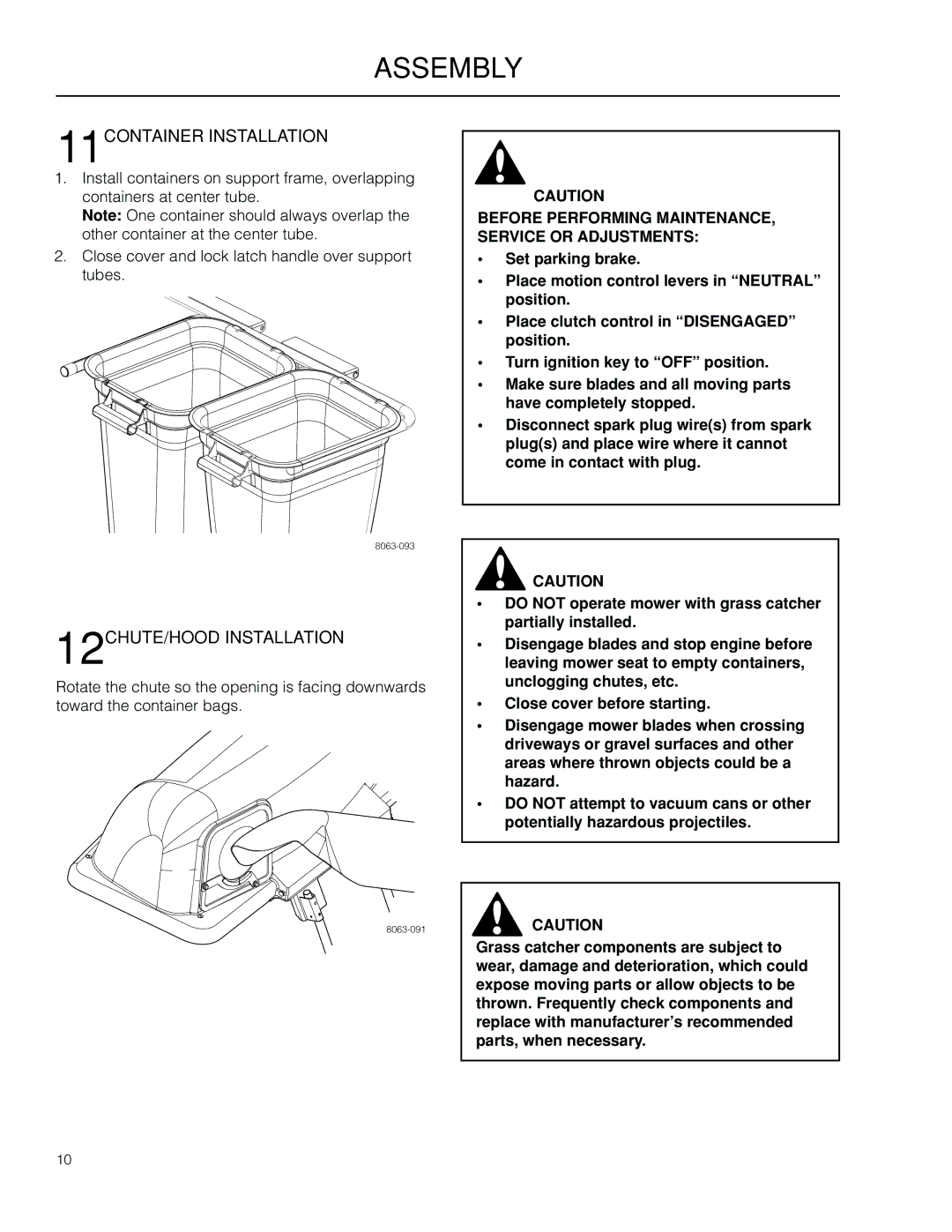 Husqvarna 966529103 manual 11CONTAINER Installation, 12CHUTE/HOOD Installation 