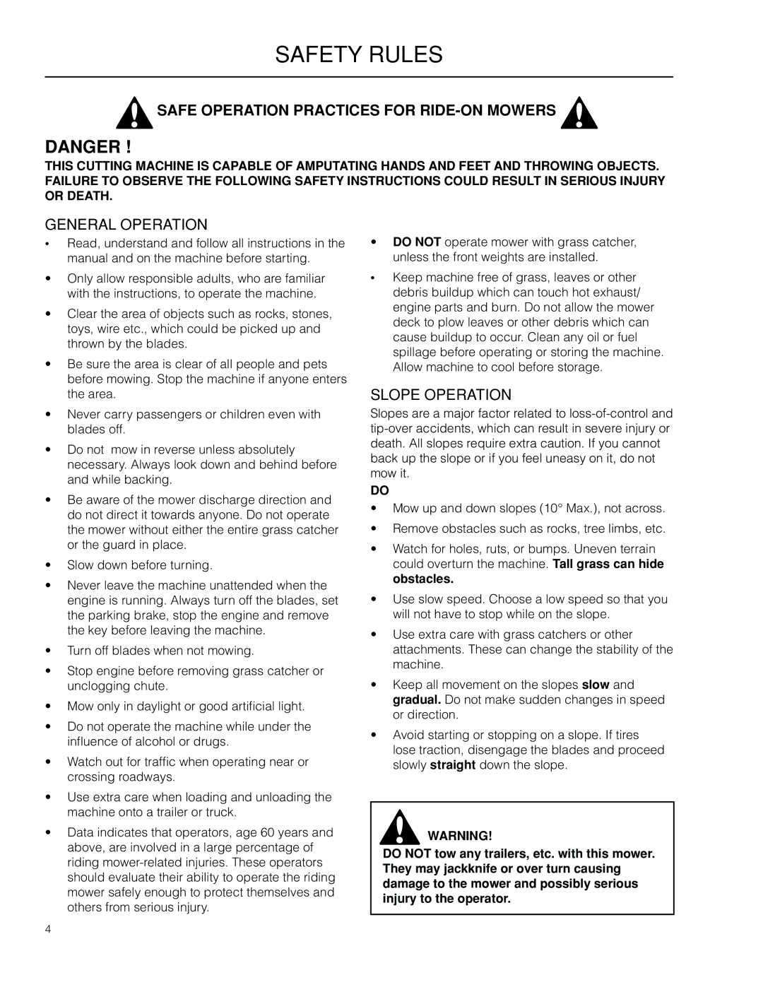 Husqvarna 966529103 manual Safety Rules, Safe Operation Practices for RIDE-ON Mowers 