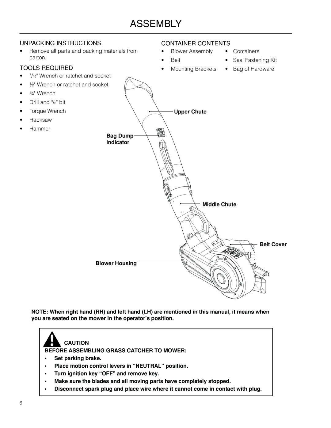 Husqvarna 966529103 manual Assembly, Unpacking Instructions Container Contents, Tools Required 