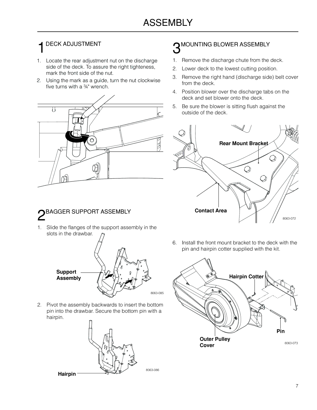 Husqvarna 966529103 manual 1DECK Adjustment, 2BAGGER Support Assembly, 3MOUNTING Blower Assembly 