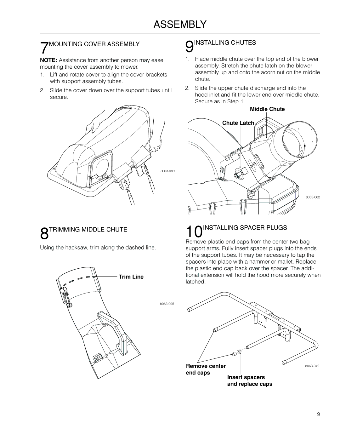 Husqvarna 966529103 manual 7MOUNTING Cover Assembly, 9INSTALLING Chutes, 8TRIMMING Middle Chute, 10INSTALLING Spacer Plugs 