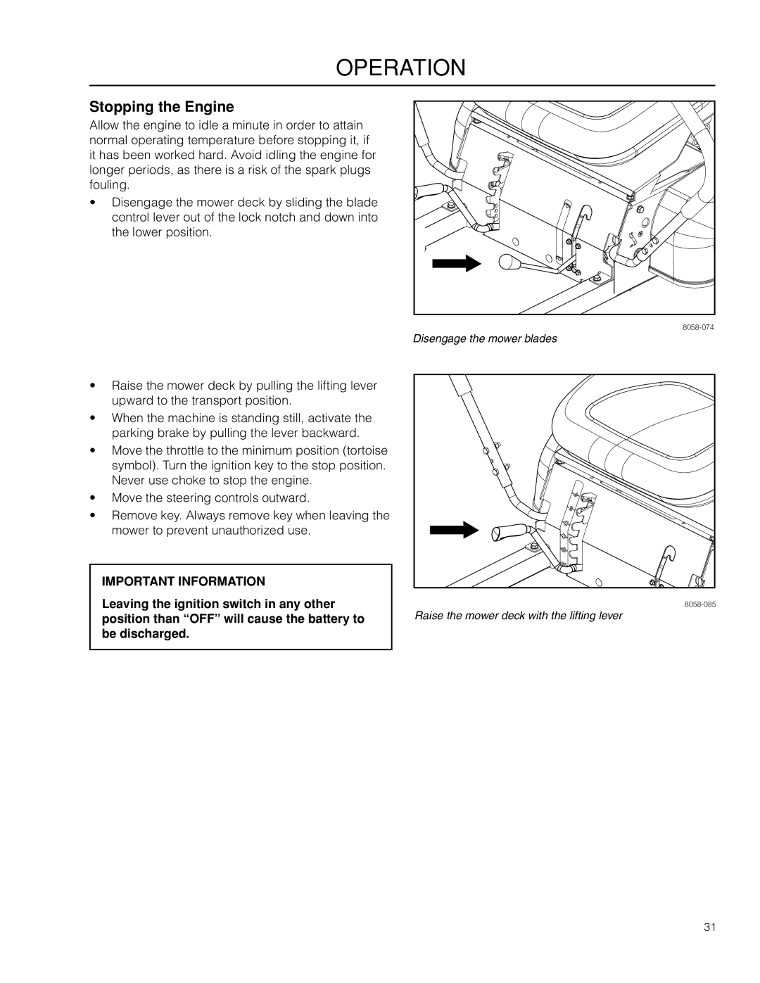 Husqvarna RZ3019BF, 966582101 manual Stopping the Engine 