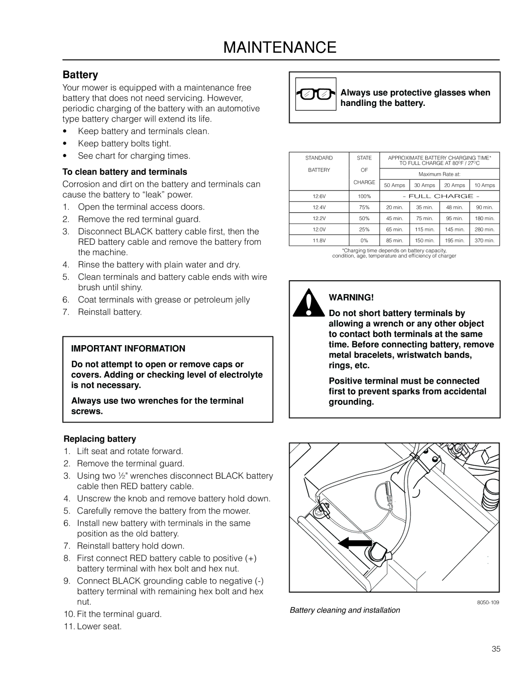 Husqvarna RZ3019BF manual Battery, To clean battery and terminals, Always use protective glasses when handling the battery 