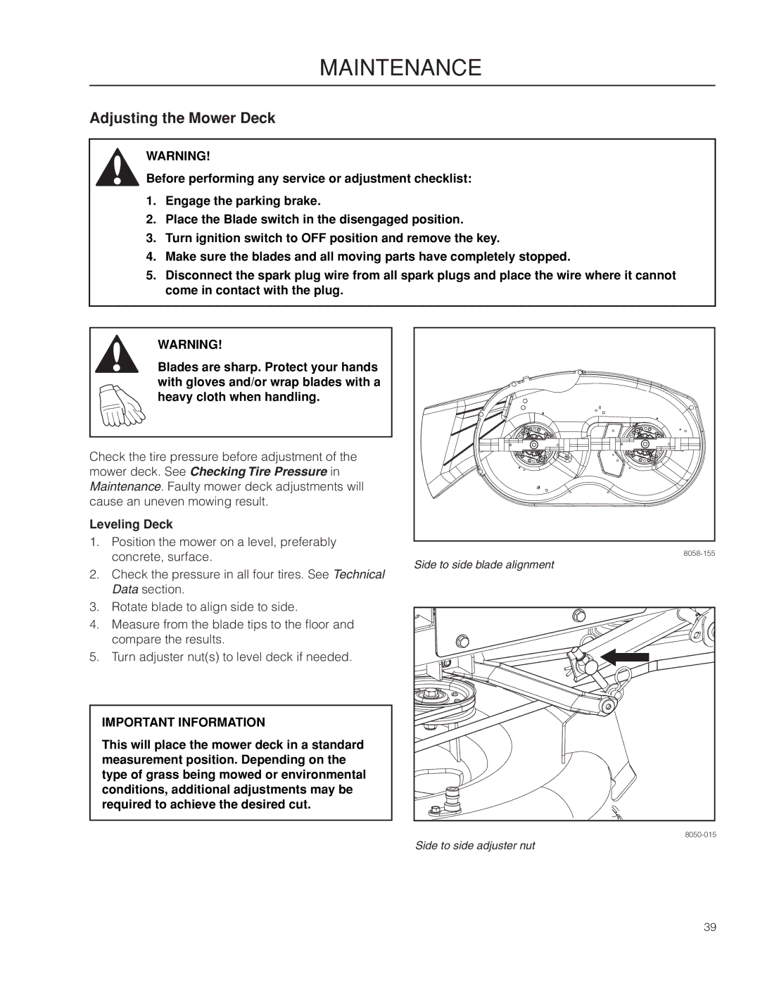 Husqvarna 966582201, 966809001, RZ4219 BF warranty Adjusting the Mower Deck, Leveling Deck 