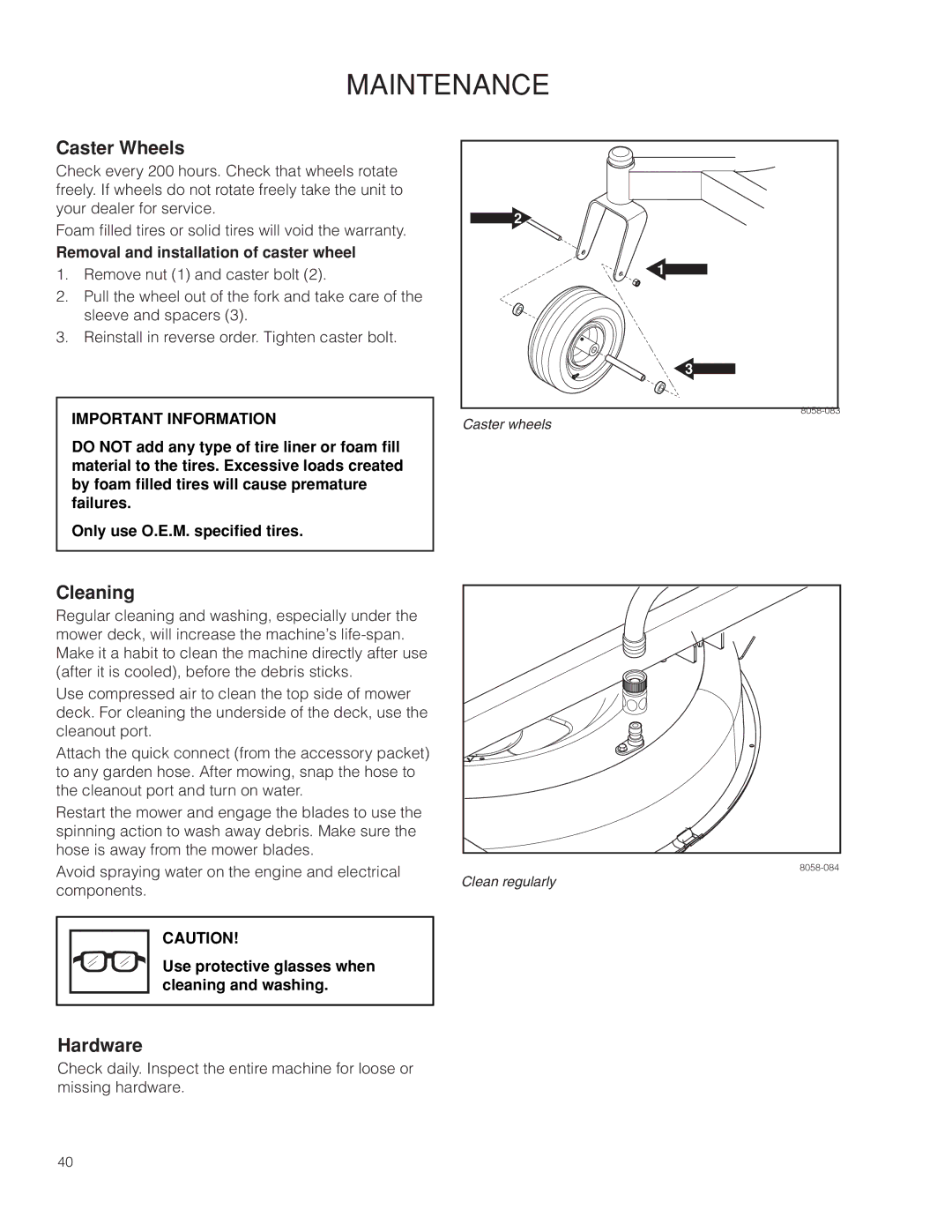 Husqvarna 966582201, 966809001, RZ4219 BF Caster Wheels, Cleaning, Hardware, Removal and installation of caster wheel 