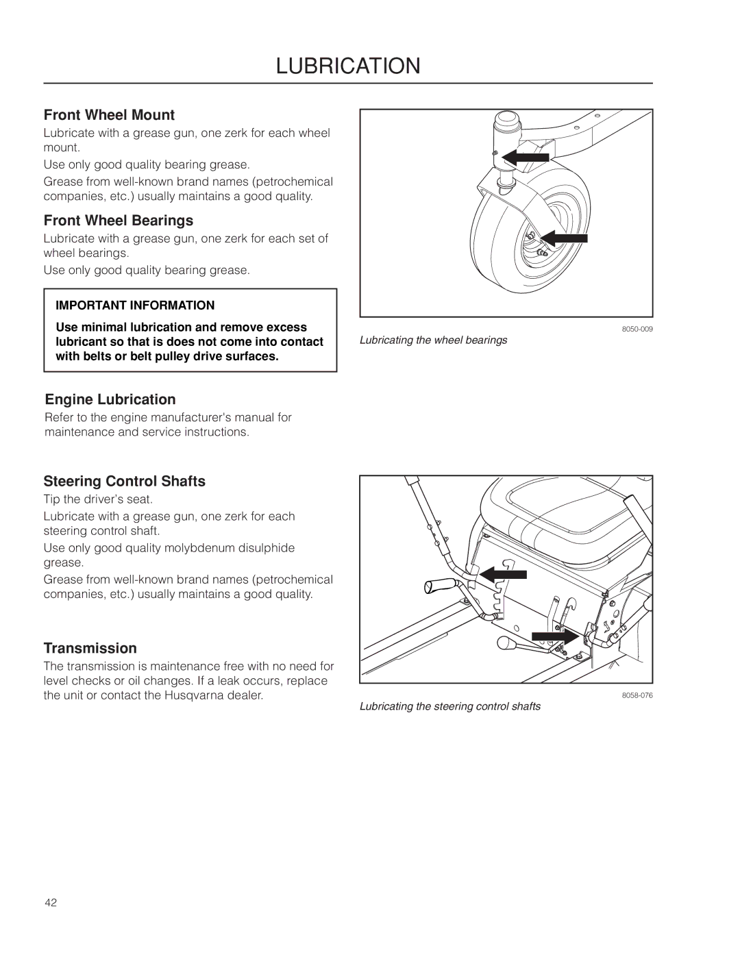 Husqvarna RZ4219 BF Front Wheel Mount, Front Wheel Bearings, Engine Lubrication, Steering Control Shafts, Transmission 