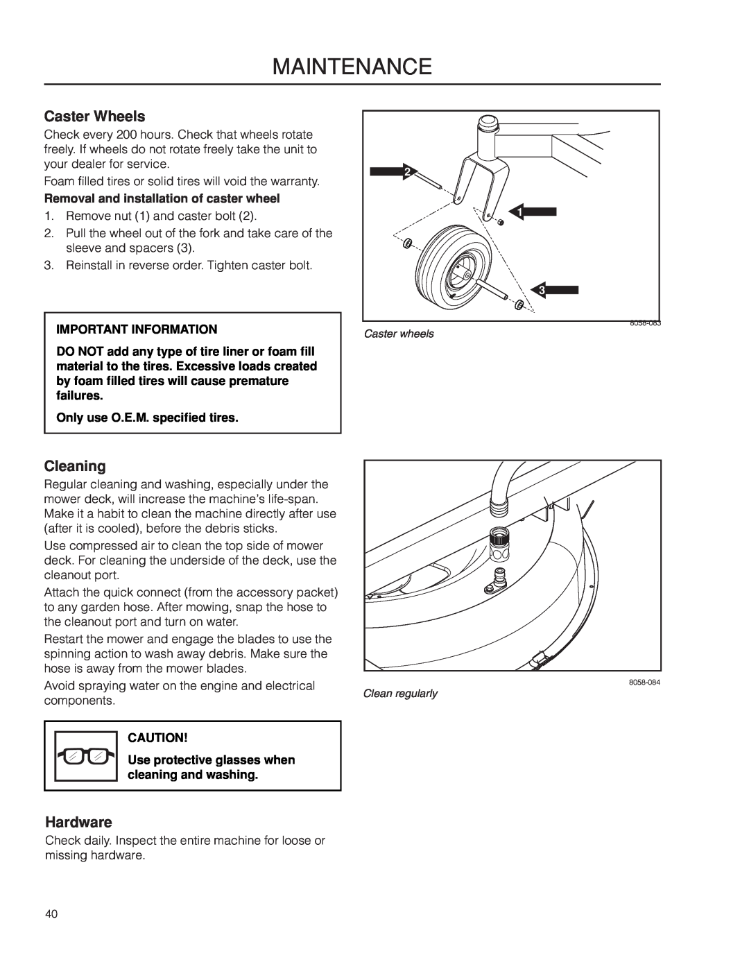 Husqvarna 966582201, 966809001 Caster Wheels, Cleaning, Hardware, Removal and installation of caster wheel, Maintenance 