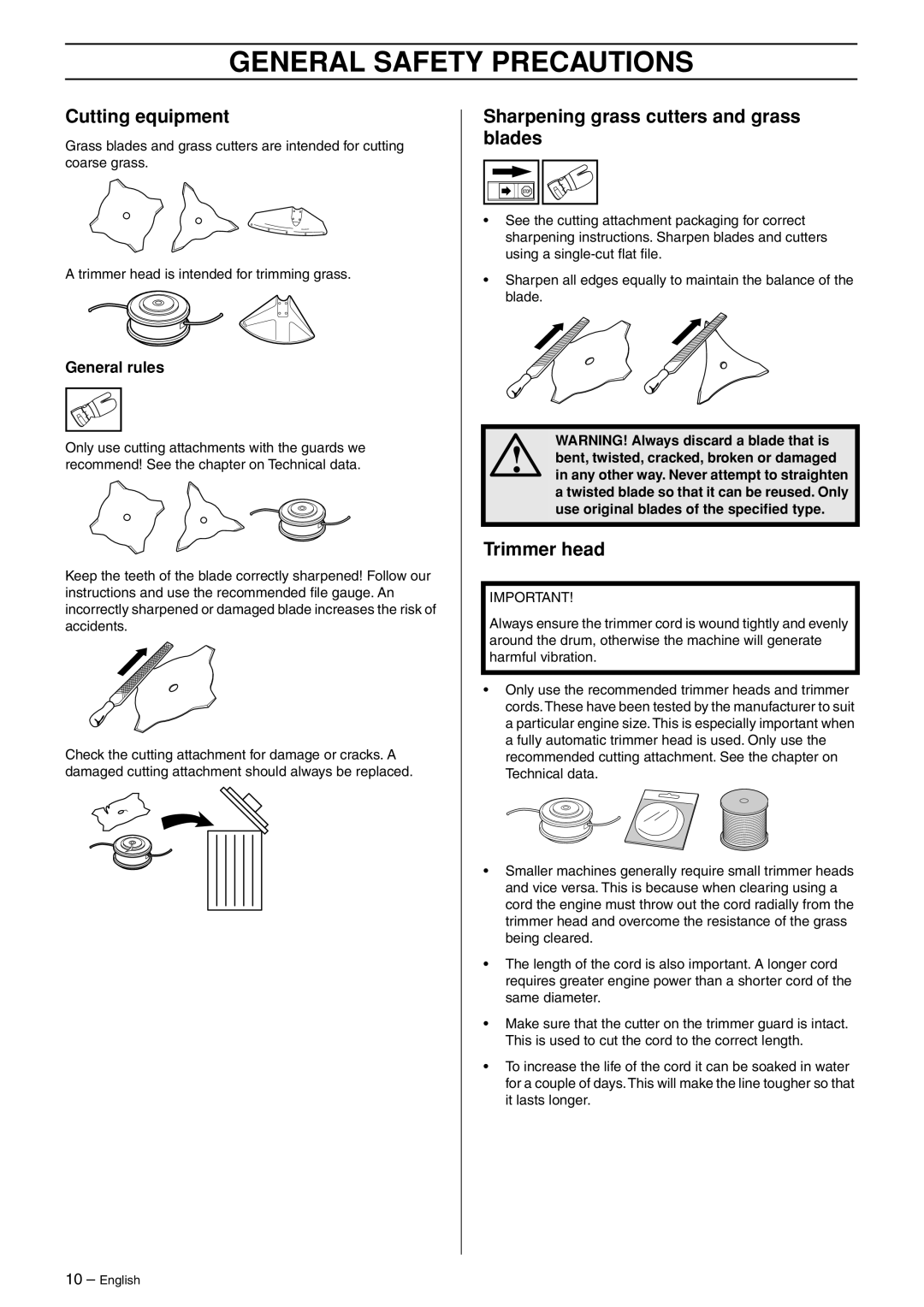 Husqvarna 966609201 manual Cutting equipment, Sharpening grass cutters and grass blades, Trimmer head 