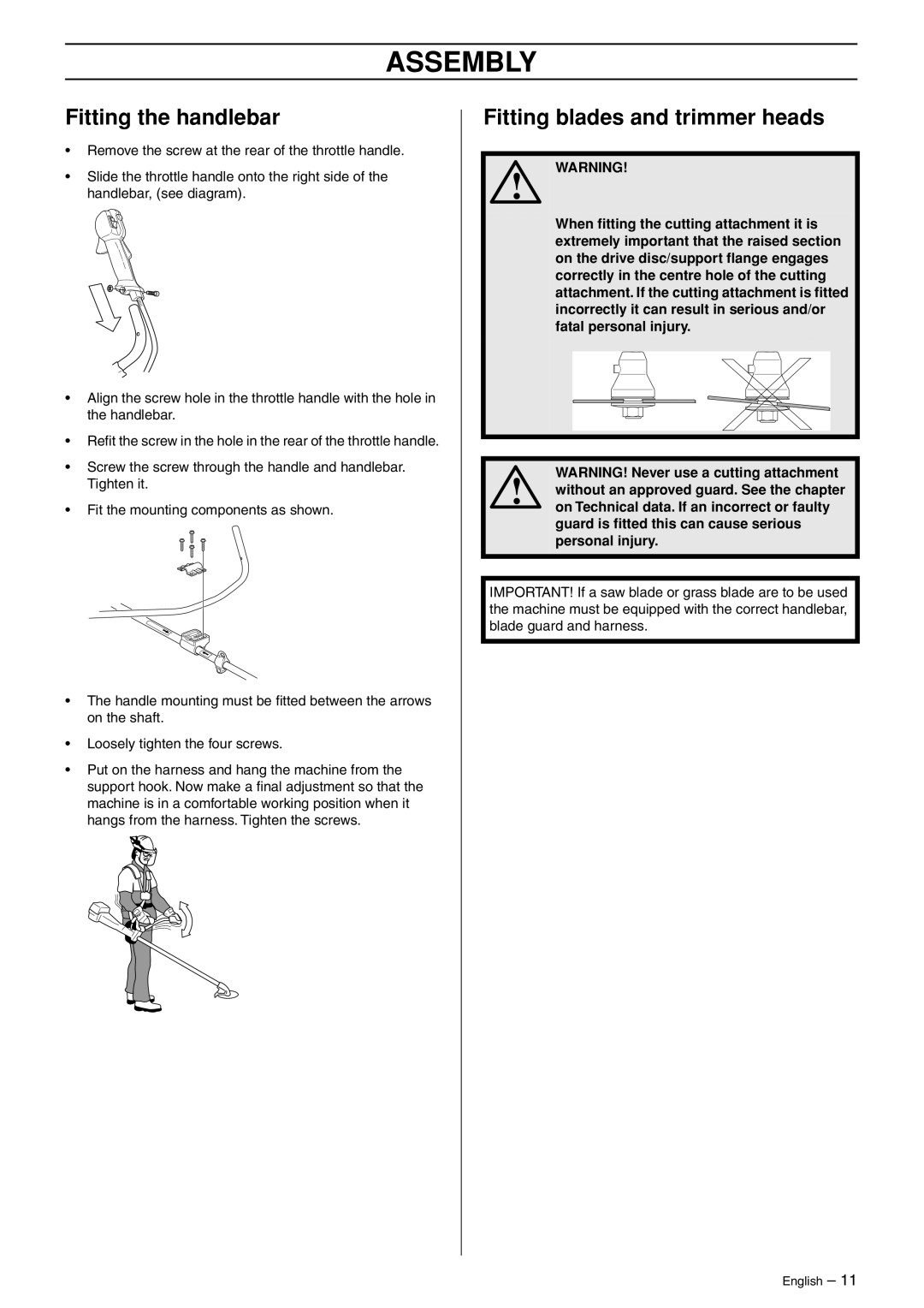 Husqvarna 966609201 manual Assembly, Fitting the handlebar, Fitting blades and trimmer heads 