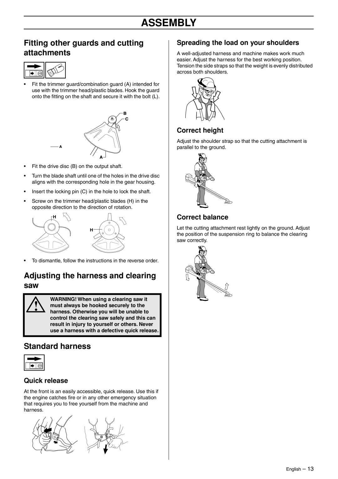 Husqvarna 966609201 Fitting other guards and cutting attachments, Adjusting the harness and clearing saw, Standard harness 