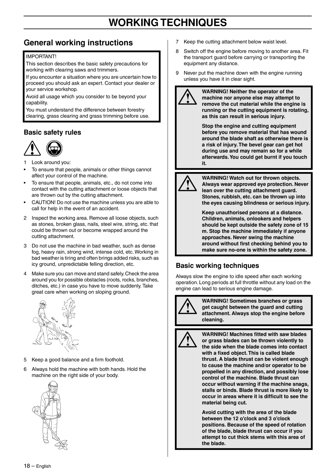 Husqvarna 966609201 manual Working Techniques, General working instructions, Basic safety rules, Basic working techniques 