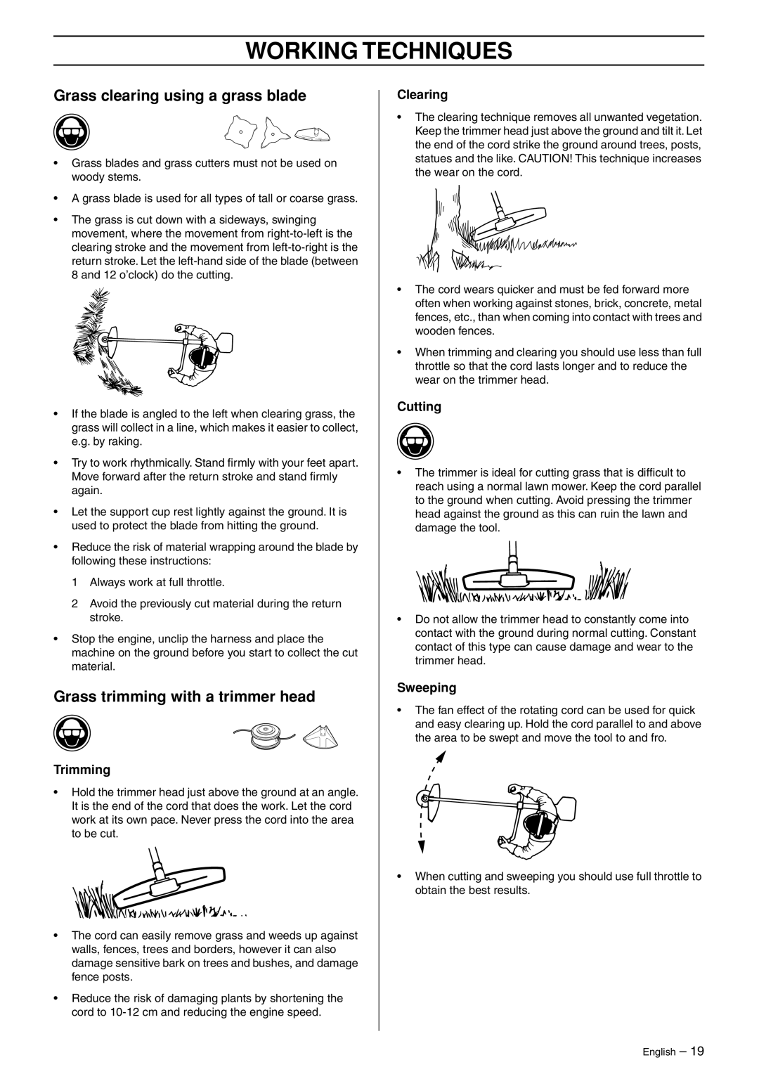 Husqvarna 966609201 manual Grass clearing using a grass blade, Grass trimming with a trimmer head 