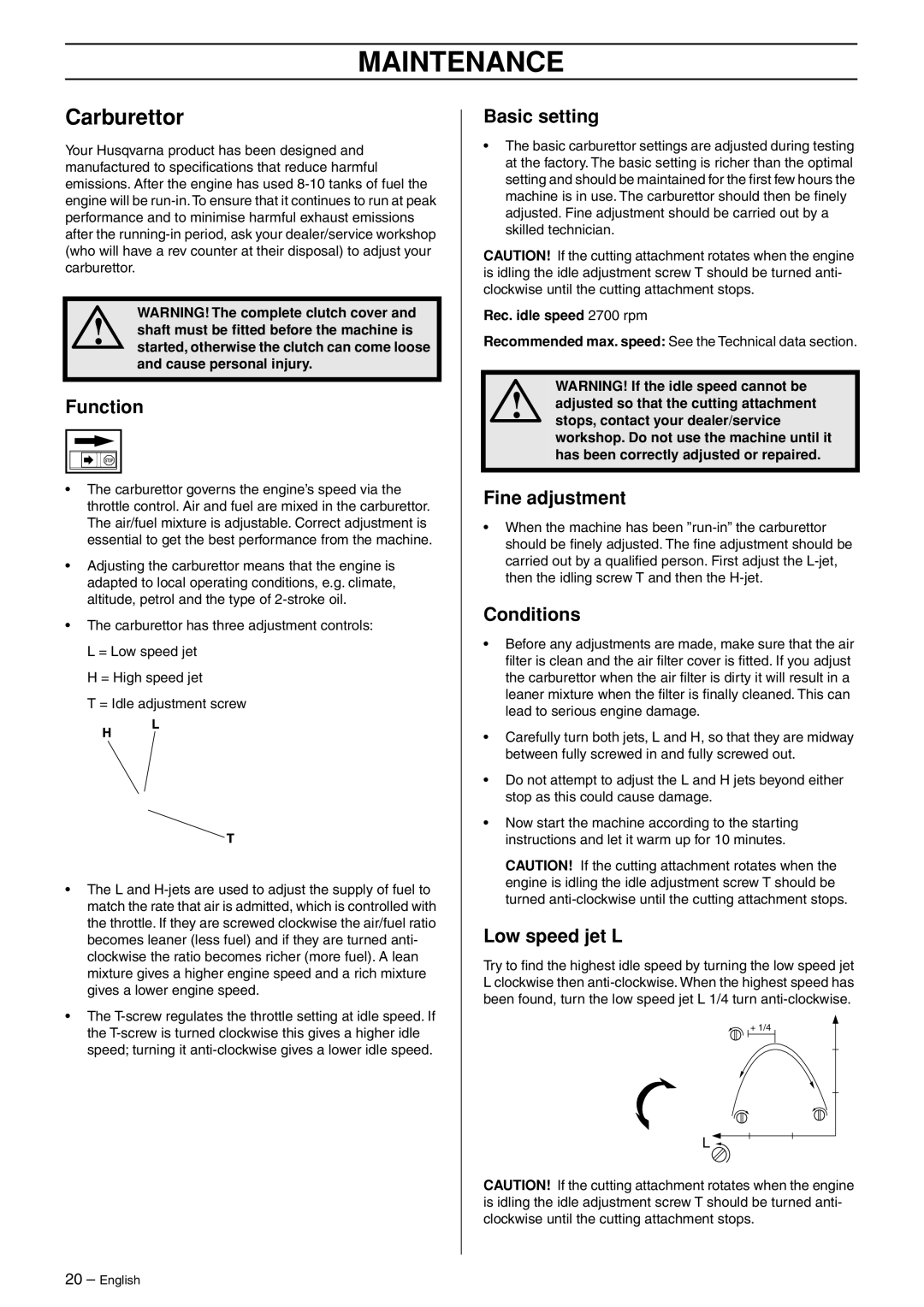 Husqvarna 966609201 manual Maintenance, Carburettor 