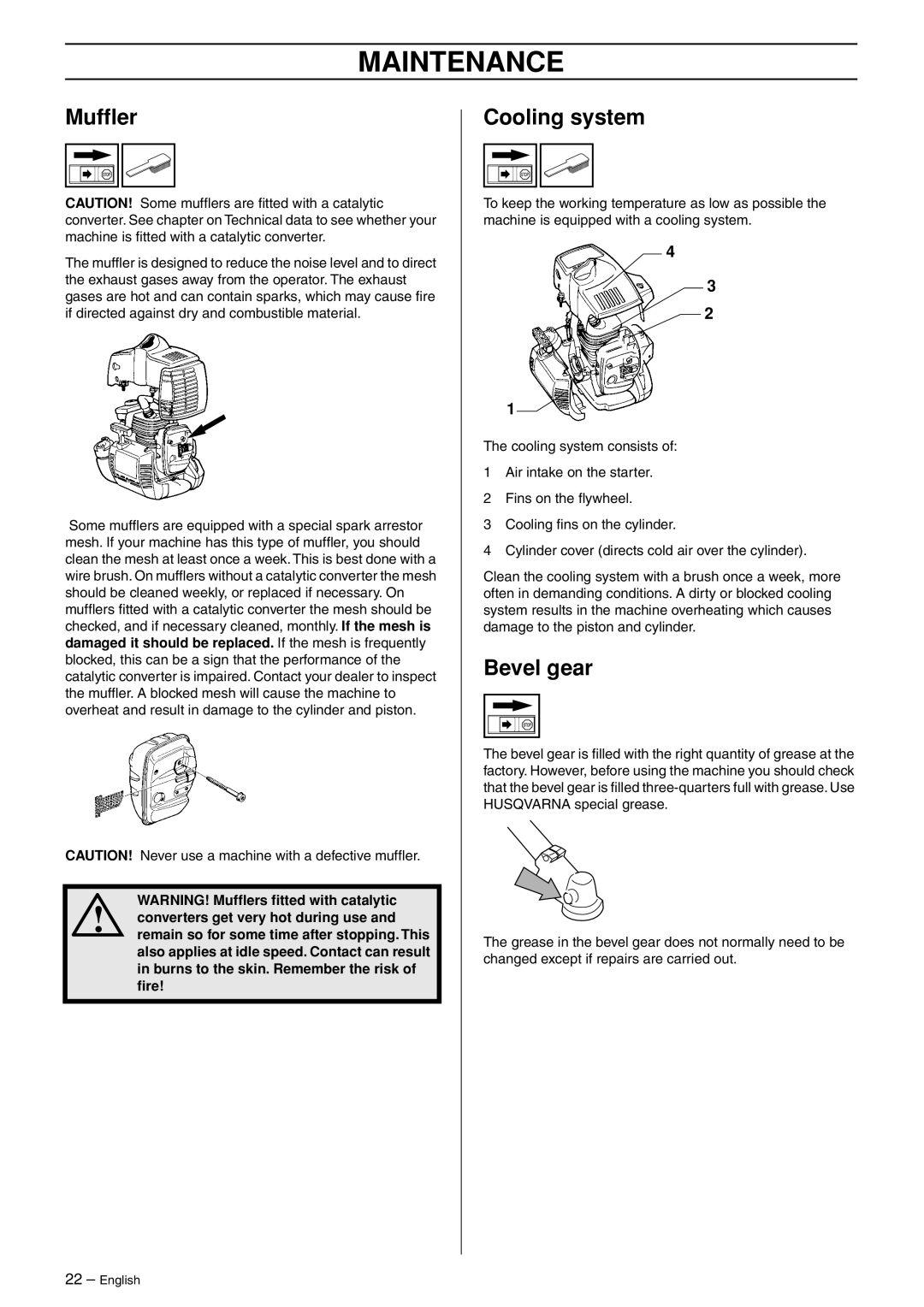 Husqvarna 966609201 manual Mufﬂer, Cooling system, Bevel gear 