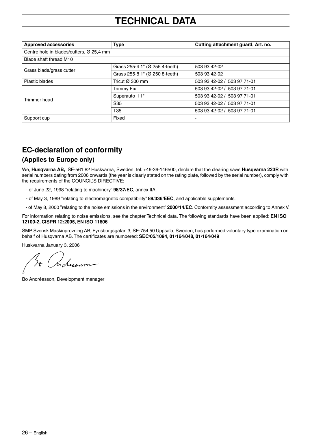 Husqvarna 966609201 manual EC-declaration of conformity, Applies to Europe only 