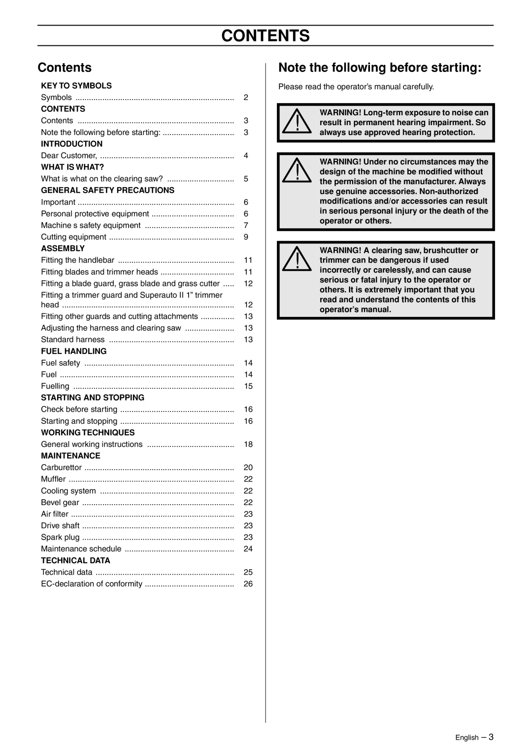 Husqvarna 966609201 manual Contents 