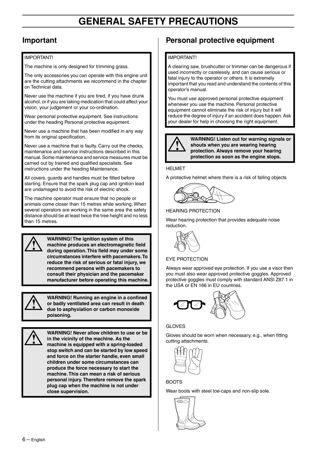 Husqvarna 966609201 manual General Safety Precautions, Personal protective equipment 