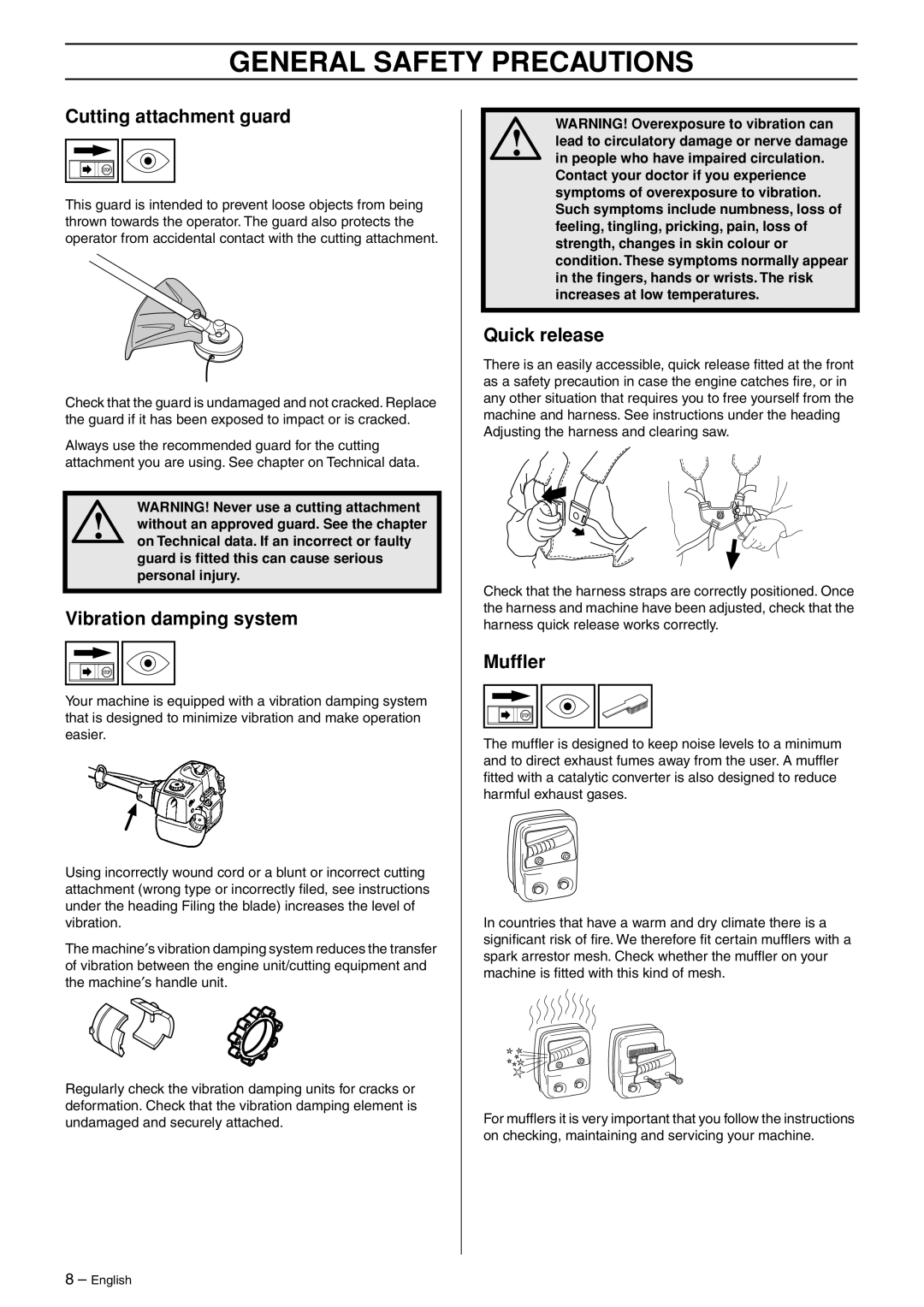 Husqvarna 966609201 manual Cutting attachment guard, Vibration damping system, Quick release, Mufﬂer 
