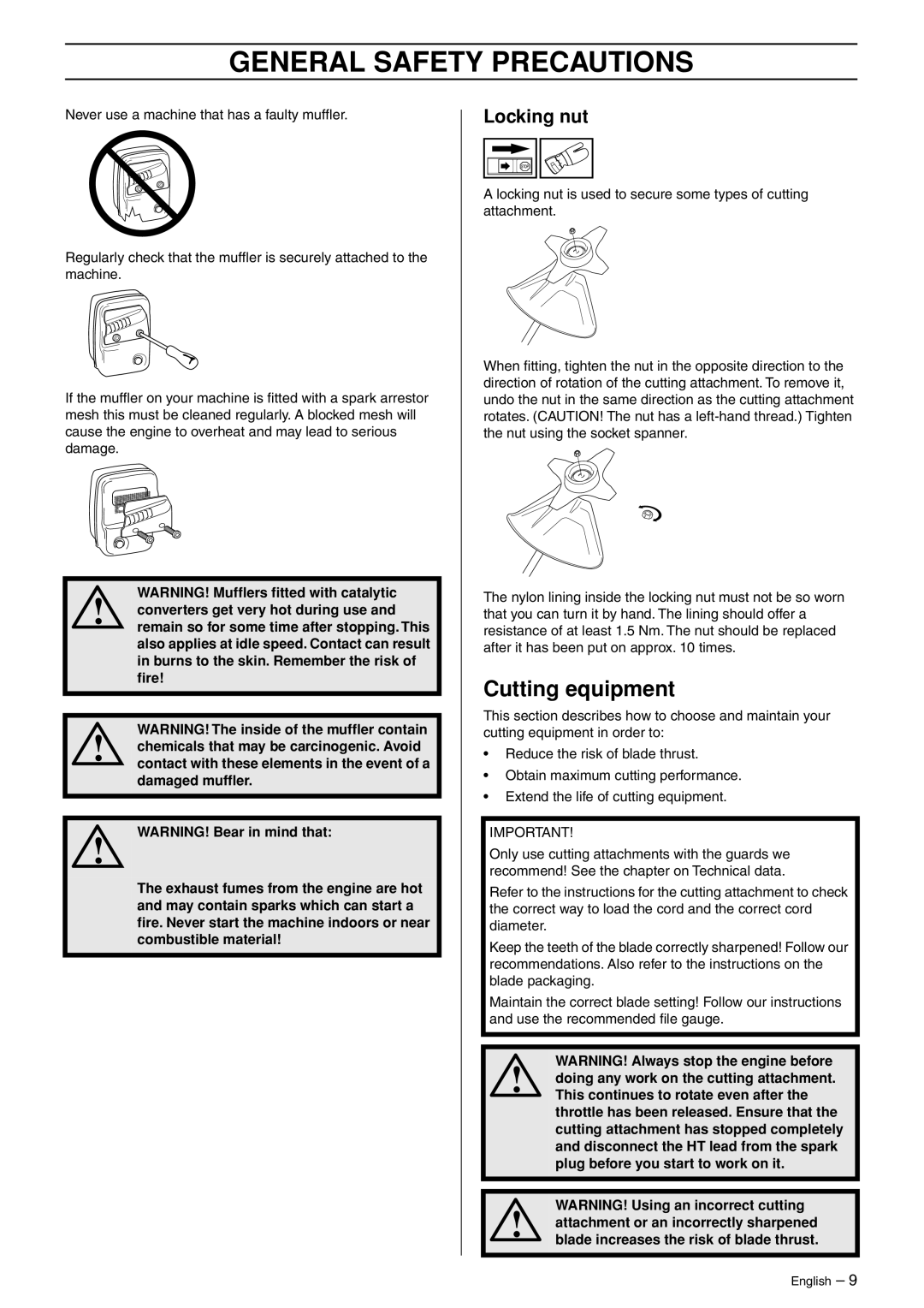 Husqvarna 966609201 manual Cutting equipment, Locking nut 