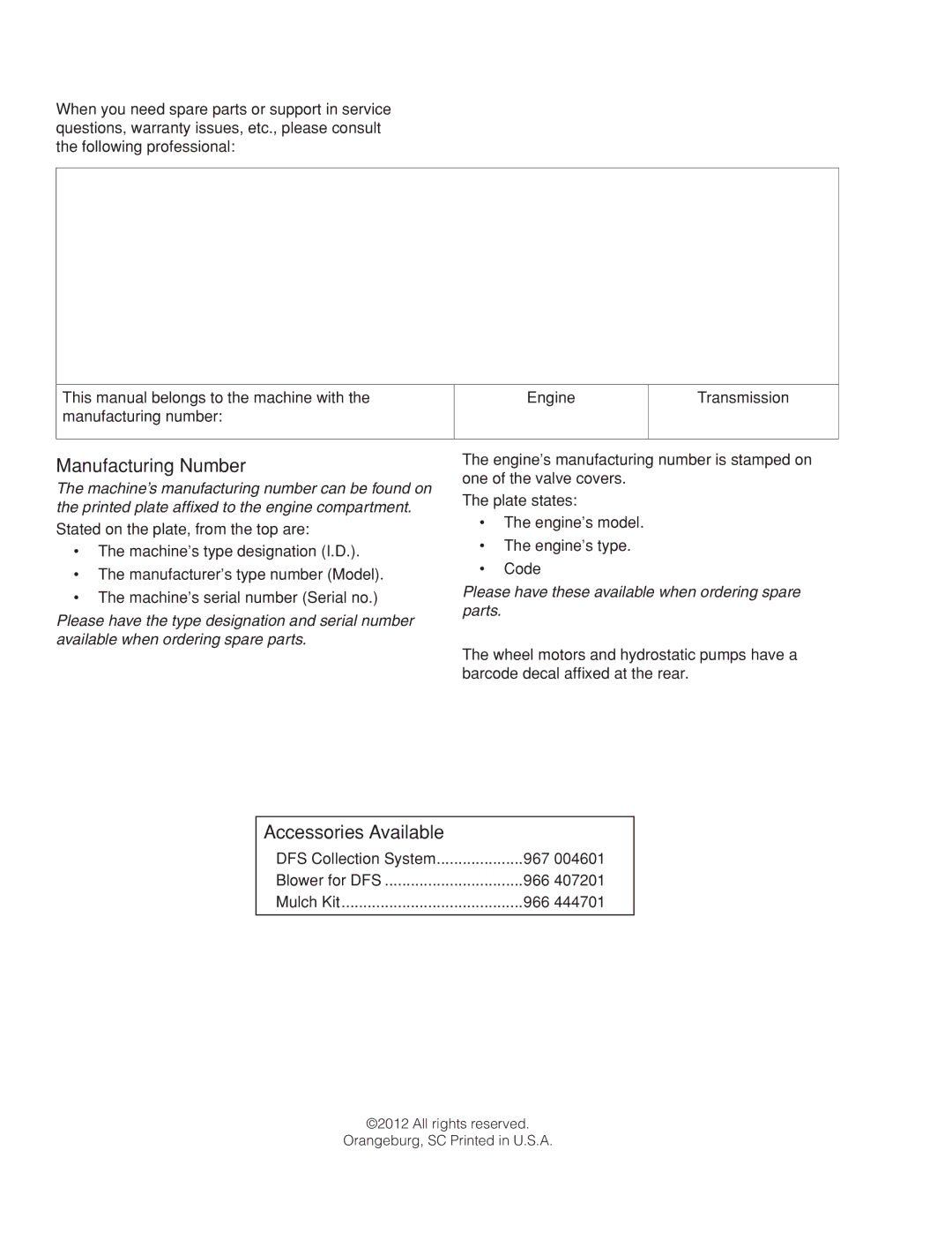 Husqvarna P-ZT60 / 966613502 warranty Accessories Available 