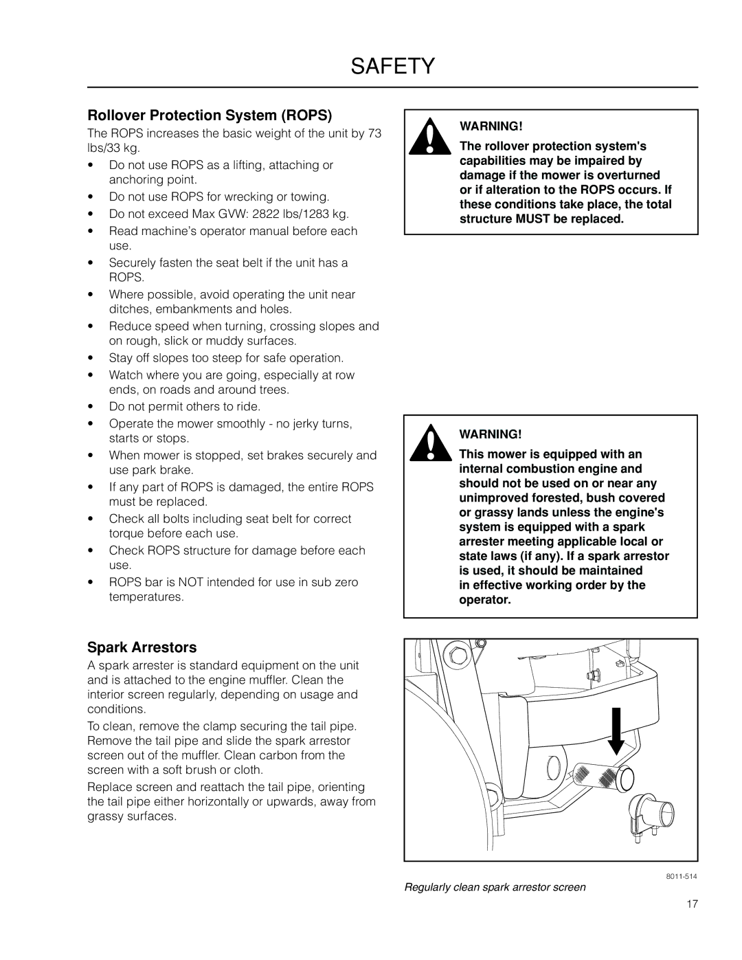 Husqvarna 966553901, 966614701, 966614401, PZ34FX BF, PZ6034FX warranty Rollover Protection System Rops, Spark Arrestors 