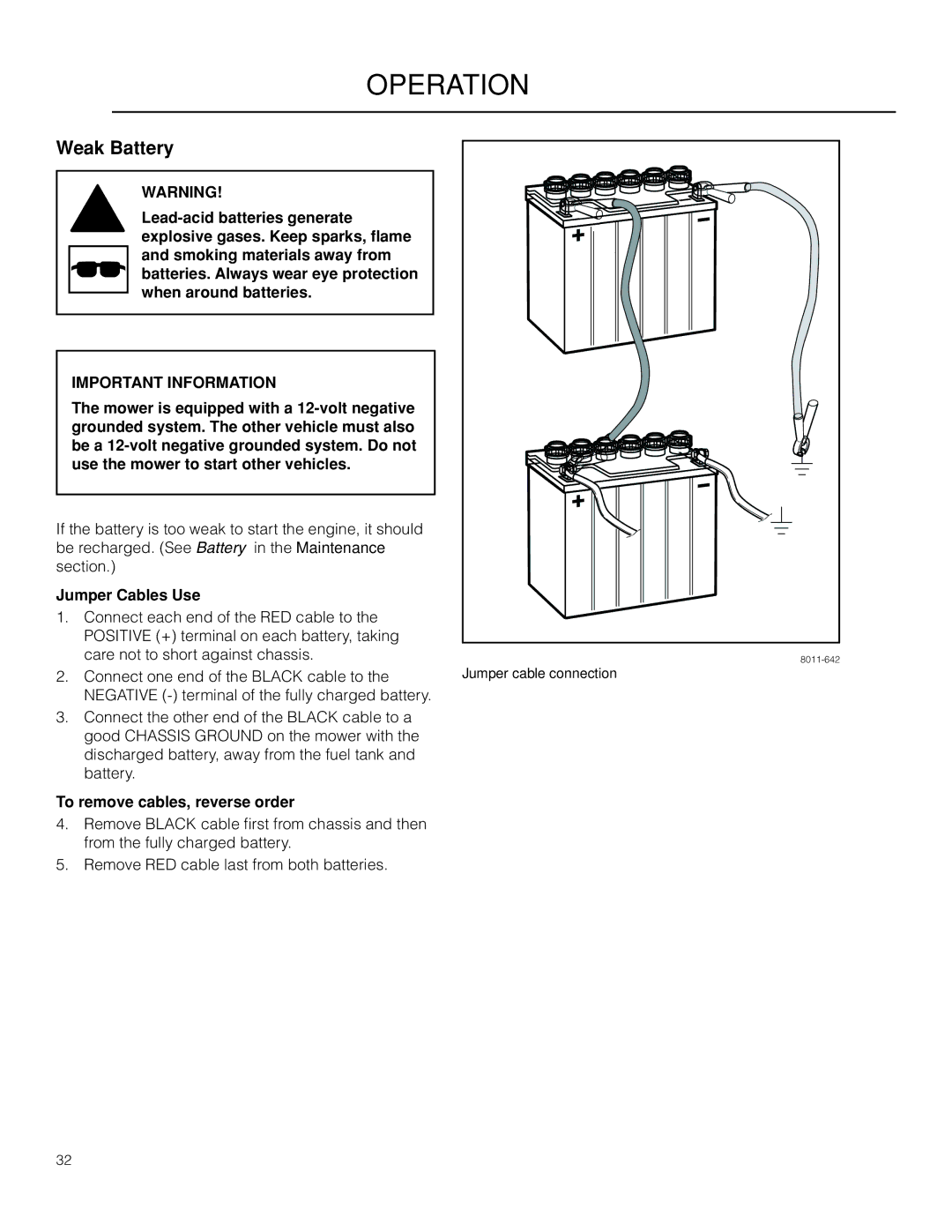 Husqvarna 966553901, 966614701, 966614401, PZ34FX BF warranty Weak Battery, Jumper Cables Use, To remove cables, reverse order 