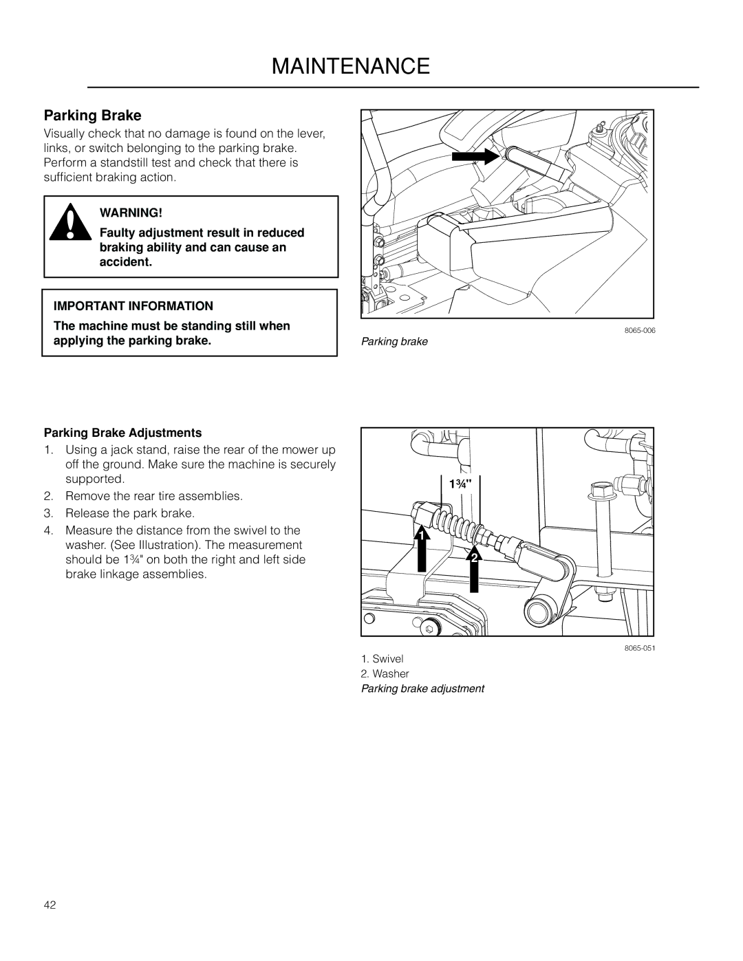 Husqvarna 966553901, 966614701, 966614401, PZ34FX BF, PZ6034FX warranty Parking brake adjustment 