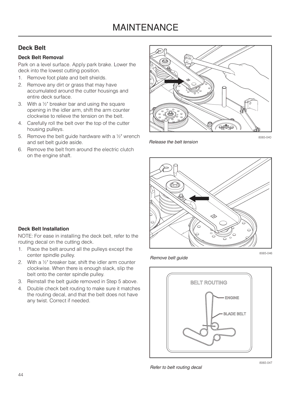 Husqvarna PZ6034FX, 966614701, 966614401, 966553901, PZ34FX BF warranty Deck Belt Removal, Deck Belt Installation 