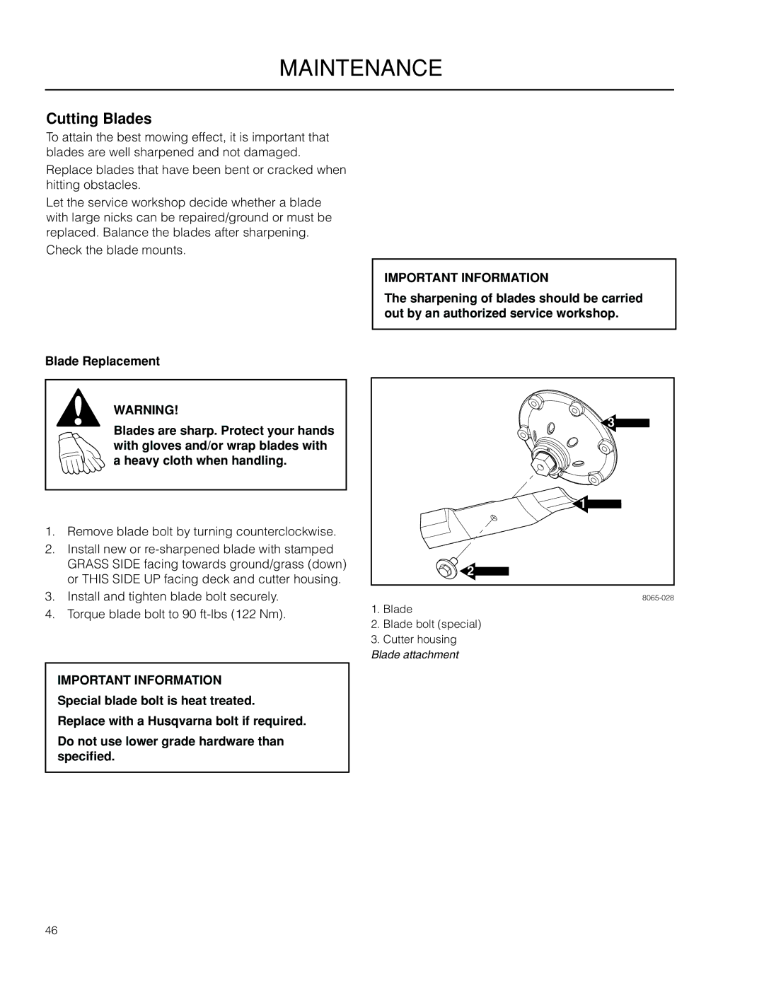 Husqvarna 966614401, 966614701, 966553901, PZ34FX BF, PZ6034FX warranty Cutting Blades 