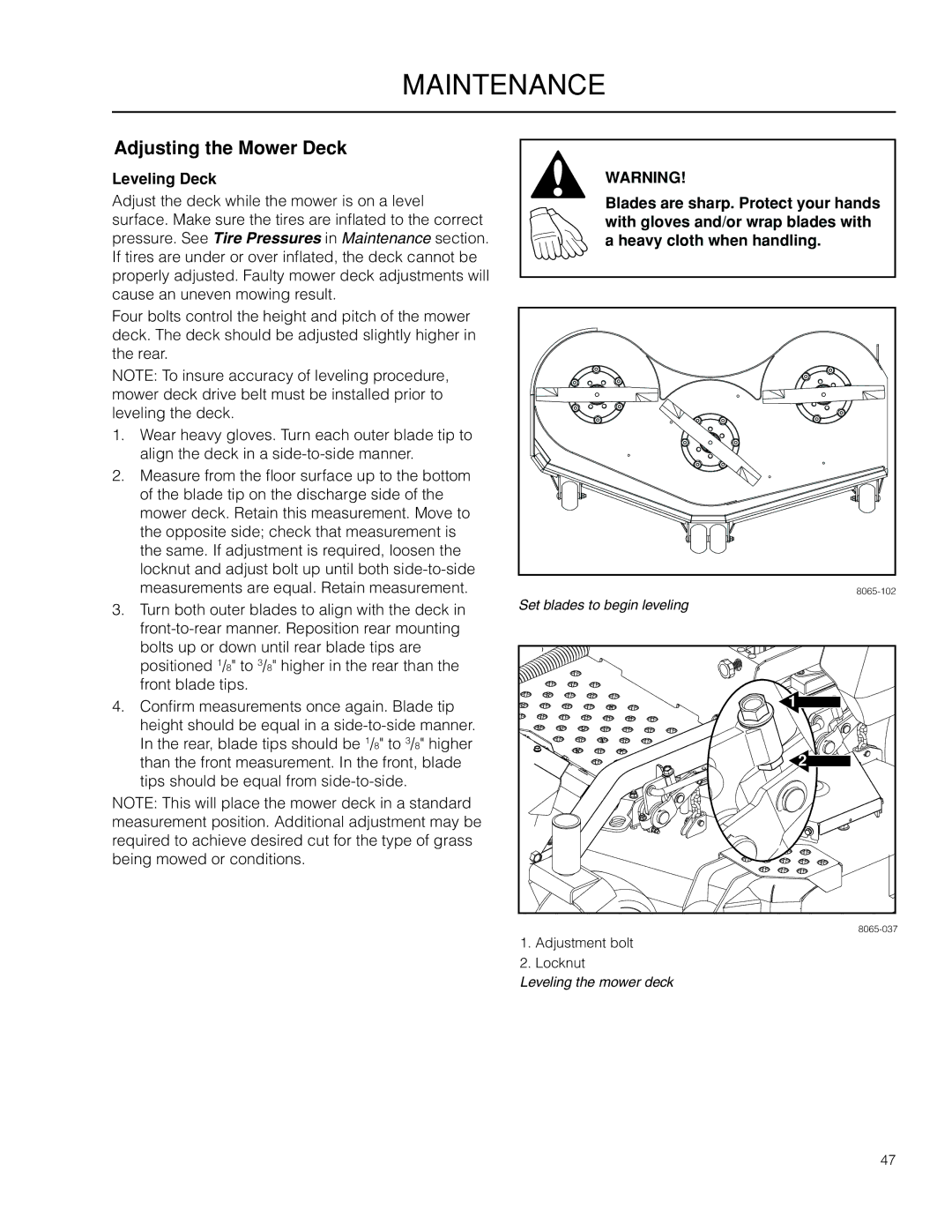 Husqvarna 966553901, 966614701, 966614401, PZ34FX BF, PZ6034FX warranty Adjusting the Mower Deck, Leveling Deck 