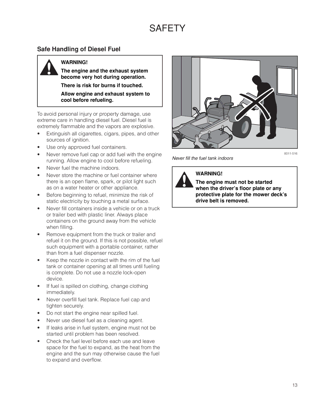 Husqvarna PZ29D CE, 966616701 manual Safe Handling of Diesel Fuel 