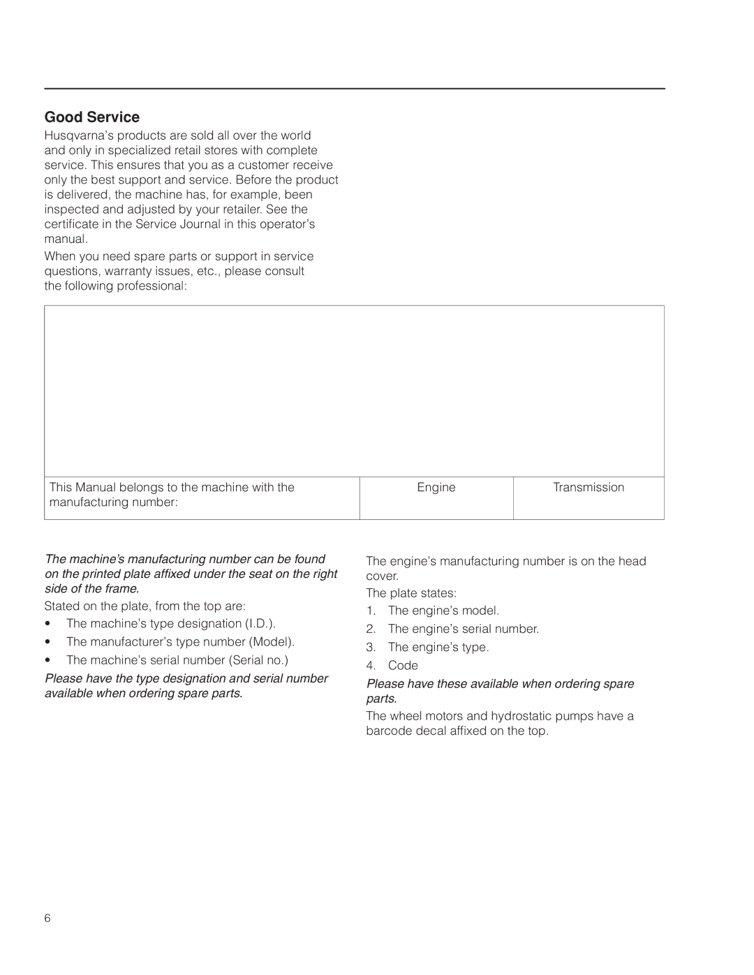 Husqvarna 966616701, PZ29D CE manual Good Service, Manufacturing Number 