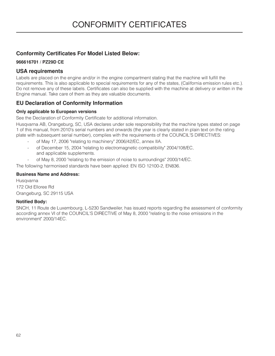 Husqvarna 966616701, PZ29D CE manual Conformity Certificates For Model Listed Below, USA requirements 