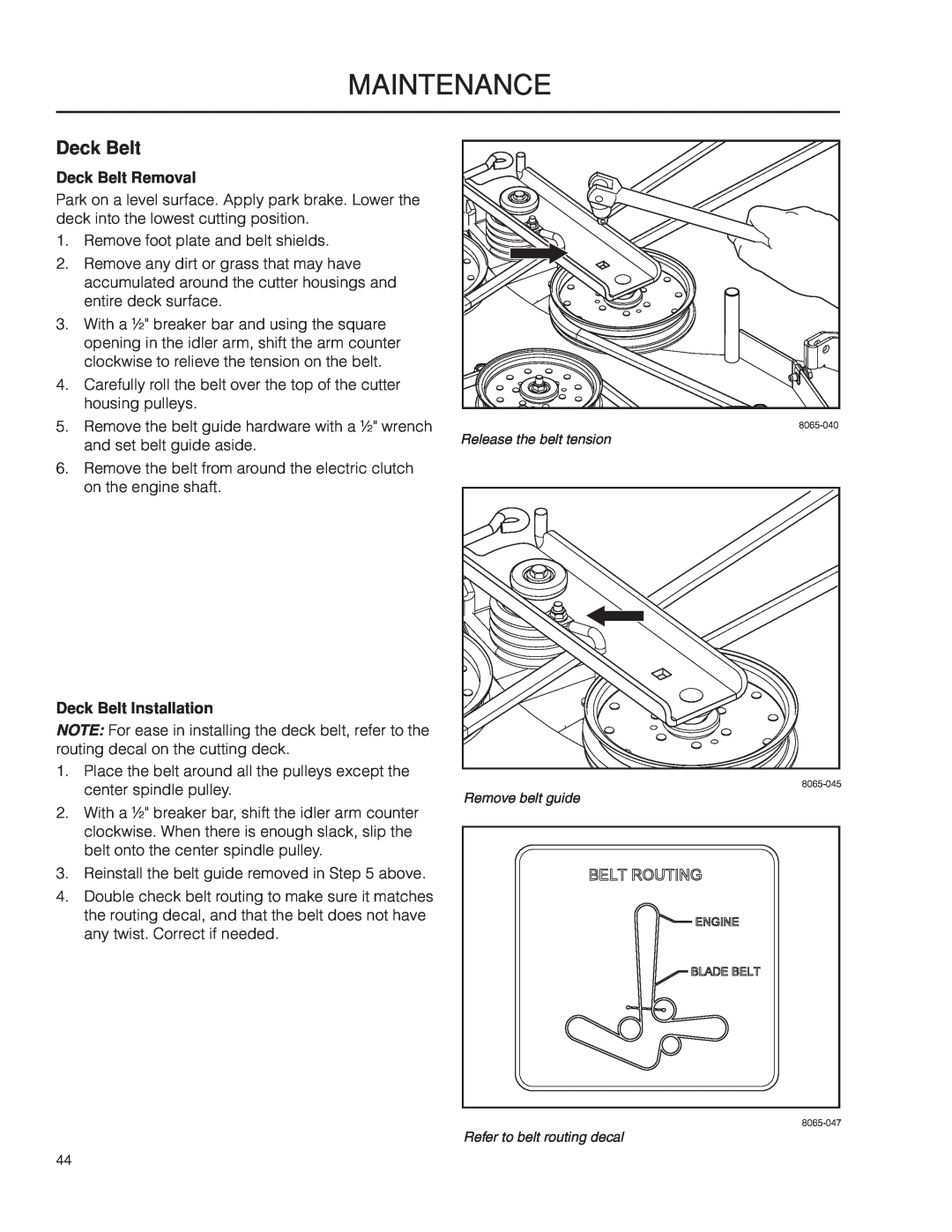 Husqvarna 966616701, PZ29D CE manual Deck Belt Removal, Deck Belt Installation, Maintenance 