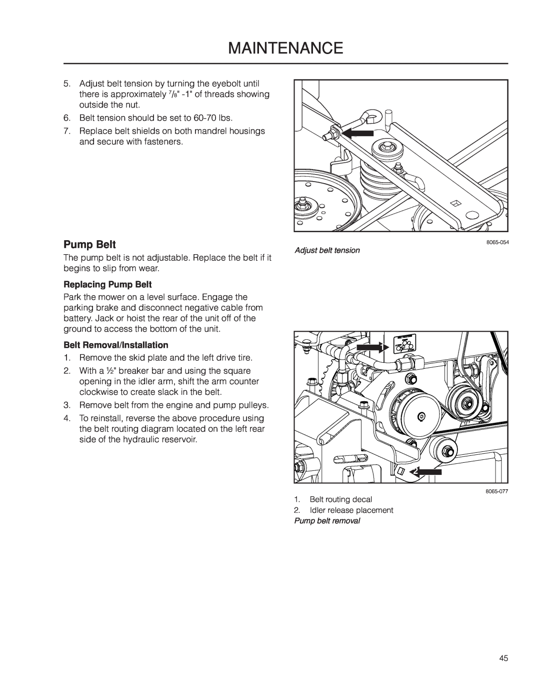 Husqvarna PZ29D CE, 966616701 manual Replacing Pump Belt, Belt Removal/Installation, Maintenance 
