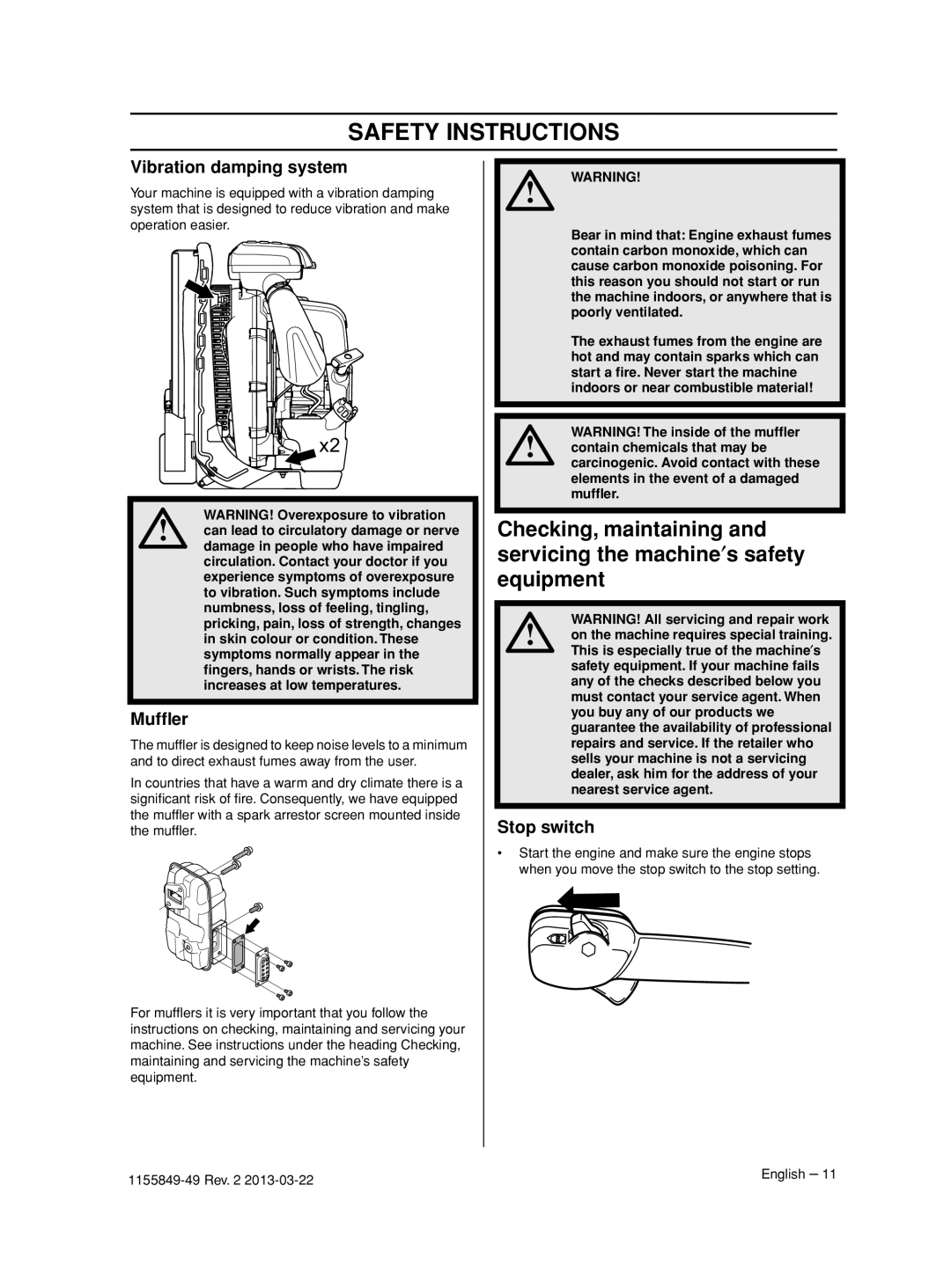 Husqvarna 966629602, 966631102, 966629501, 966629402, 966629701 manuel dutilisation Vibration damping system, Mufﬂer 