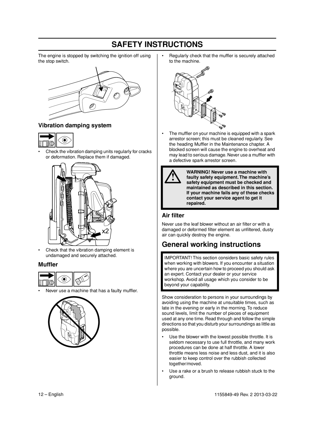 Husqvarna 966629501, 966631102, 966629602, 966629402, 966629701 manuel dutilisation General working instructions, Air ﬁlter 