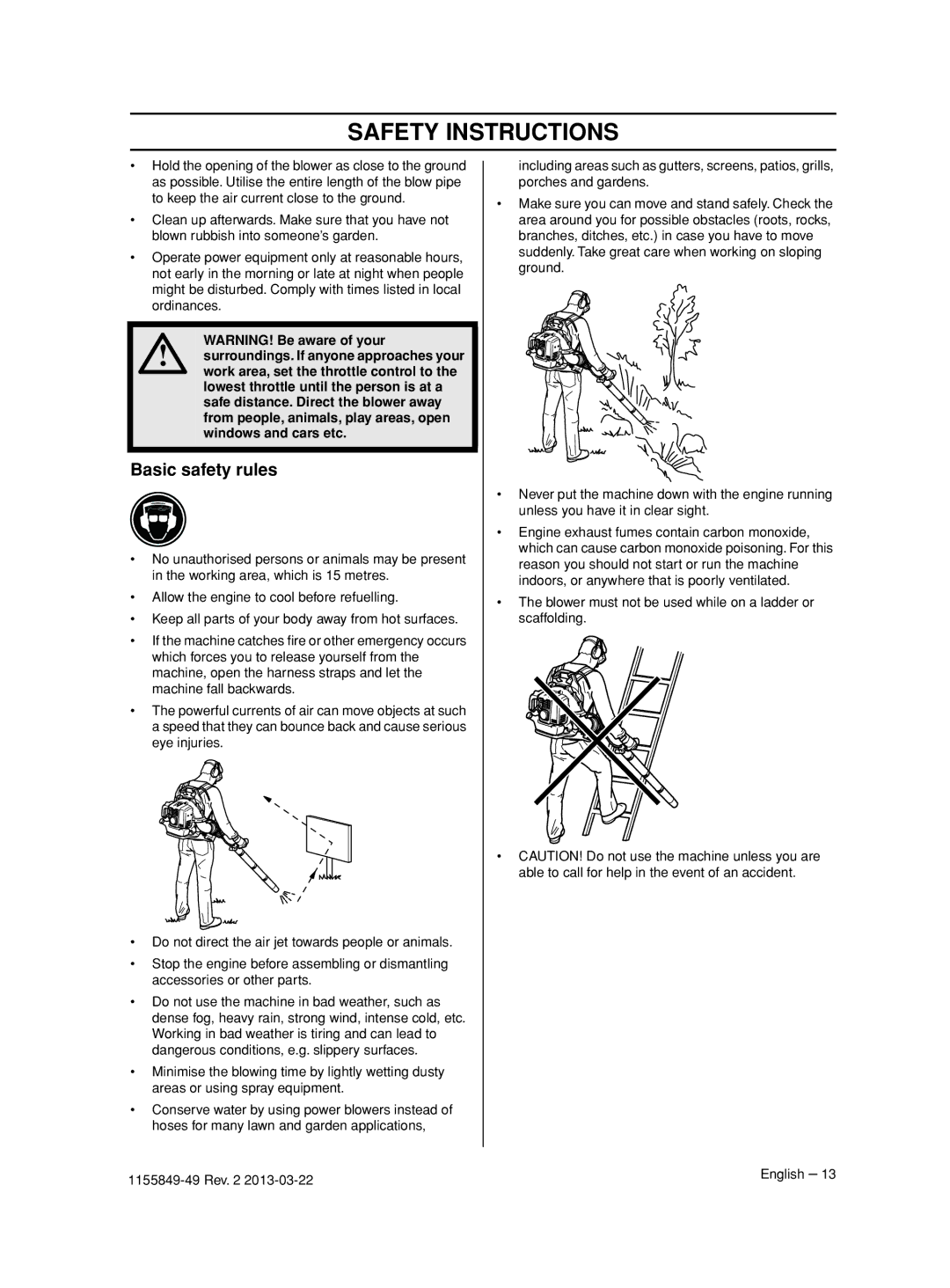 Husqvarna 966629402 Basic safety rules, Lowest throttle until the person is at a, Safe distance. Direct the blower away 