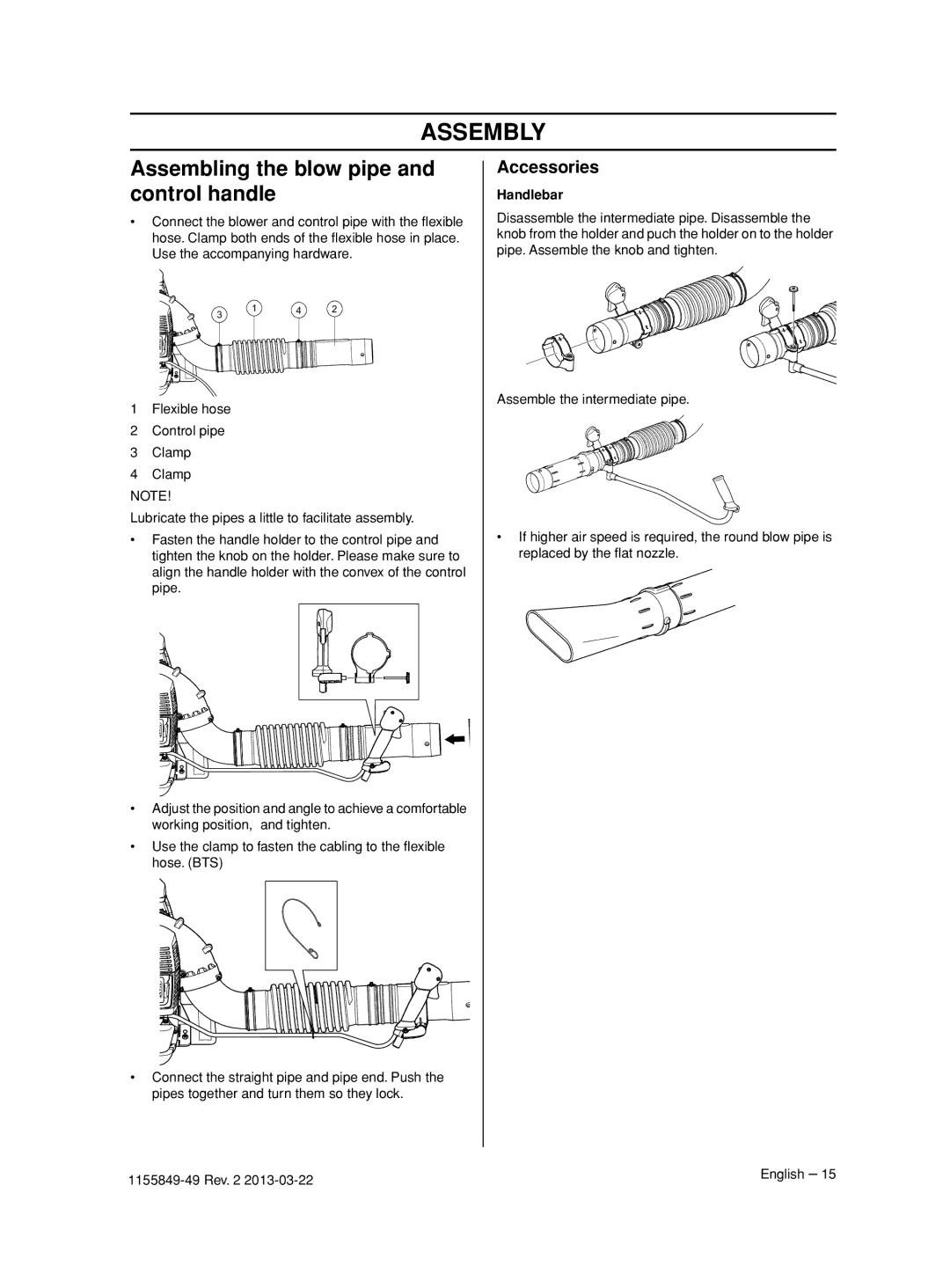 Husqvarna 966631102, 966629602, 966629501 Assembly, Assembling the blow pipe and control handle, Accessories, Handlebar 