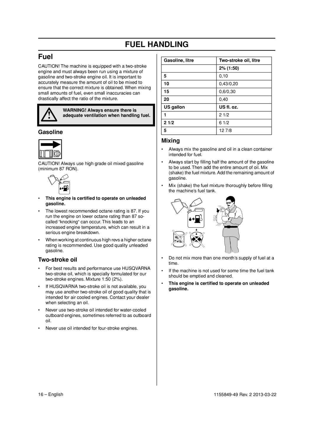 Husqvarna 966629602, 966631102, 966629501, 966629402, 966629701 Fuel Handling, Gasoline, Two-stroke oil, Mixing 