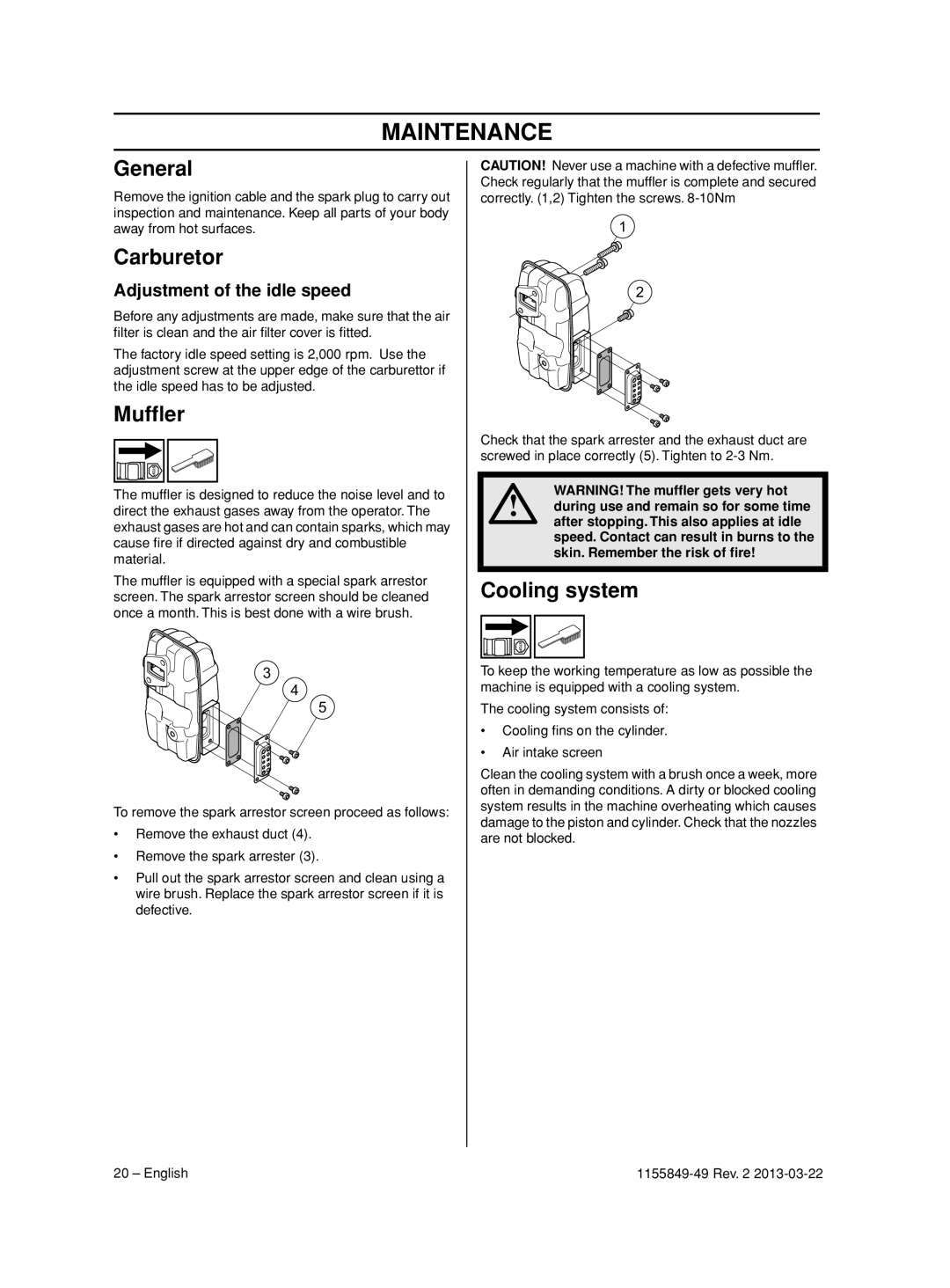 Husqvarna 966631102, 966629602, 966629501 Maintenance, Carburetor, Mufﬂer, Cooling system, Adjustment of the idle speed 