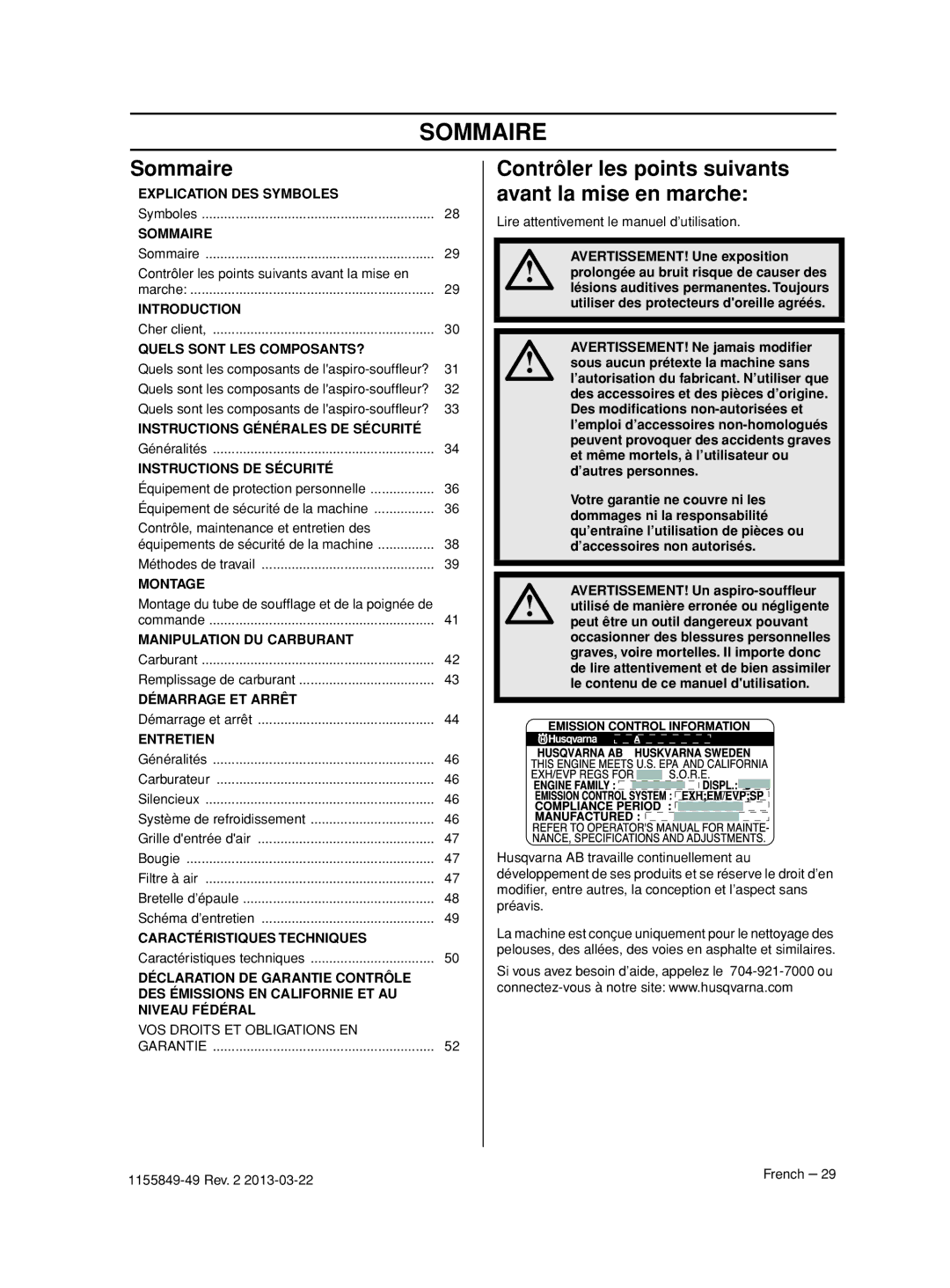 Husqvarna 966629701, 966631102, 966629602, 966629501 Sommaire, Contrôler les points suivants avant la mise en marche 