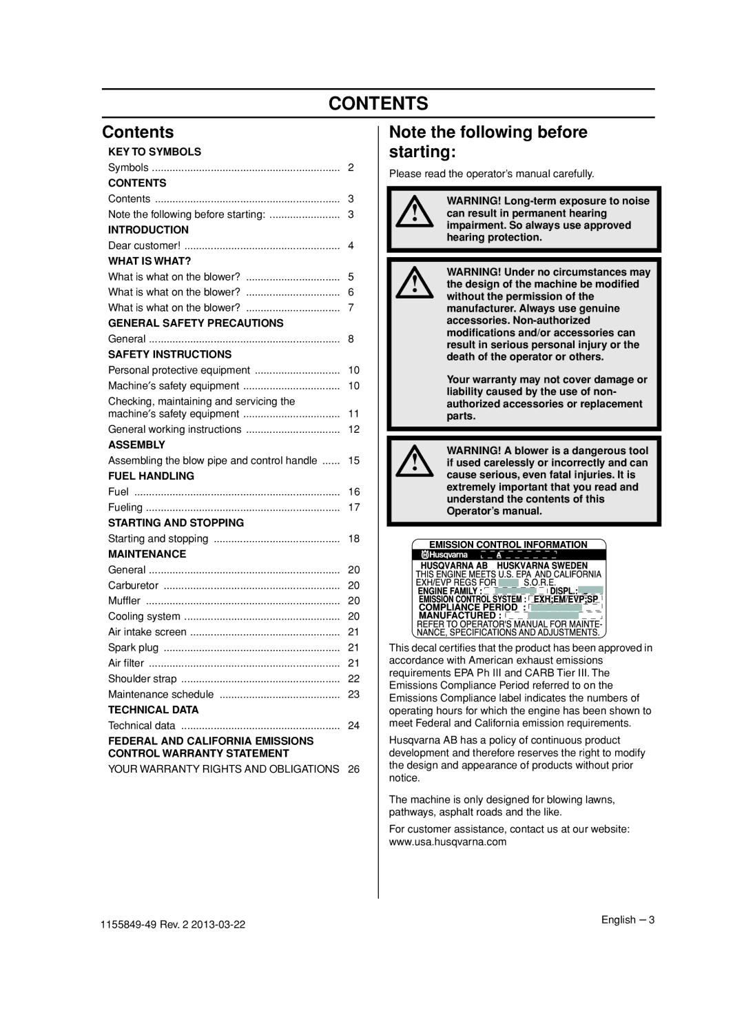 Husqvarna 966629402, 966631102, 966629602, 966629501, 966629701 manuel dutilisation Contents 