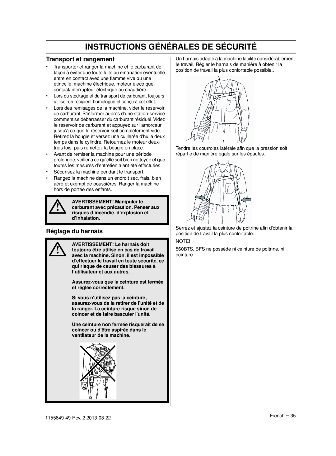 Husqvarna 966631102, 966629602, 966629501, 966629402, 966629701 manuel dutilisation Transport et rangement, Réglage du harnais 