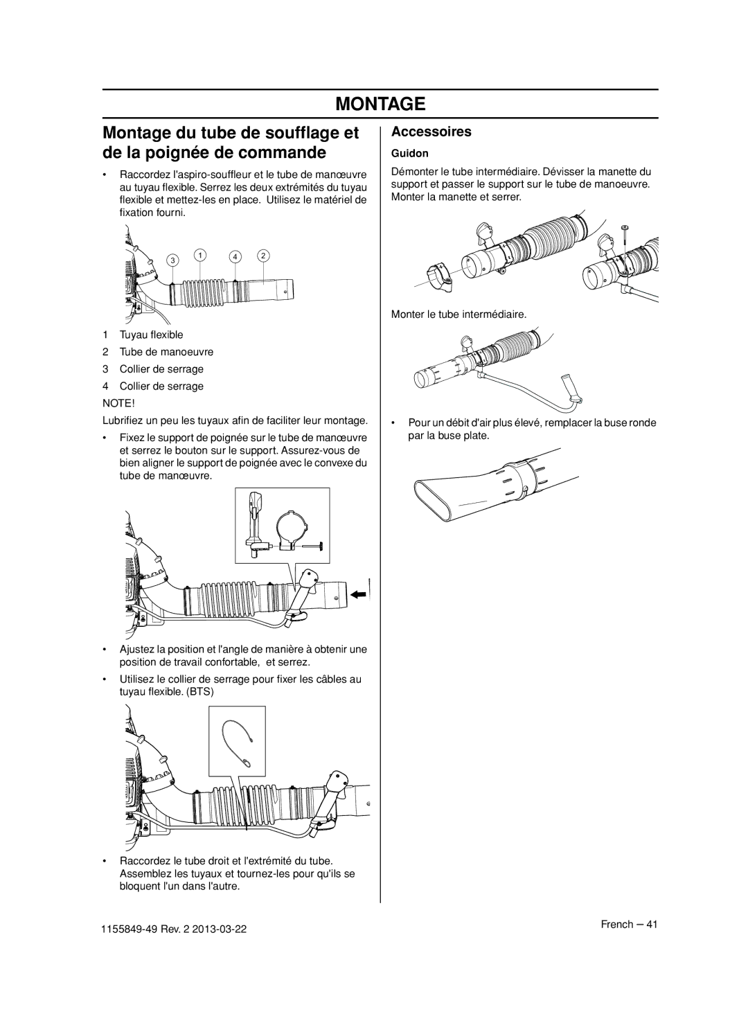 Husqvarna 966629602, 966631102, 966629501 Montage du tube de soufﬂage et de la poignée de commande, Accessoires, Guidon 