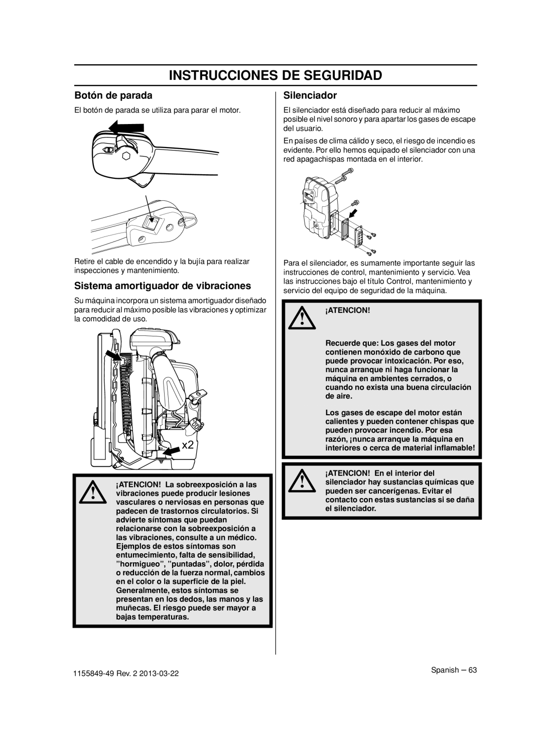 Husqvarna 966629402, 966631102, 966629602 Botón de parada, Sistema amortiguador de vibraciones Silenciador, ¡Atencion 