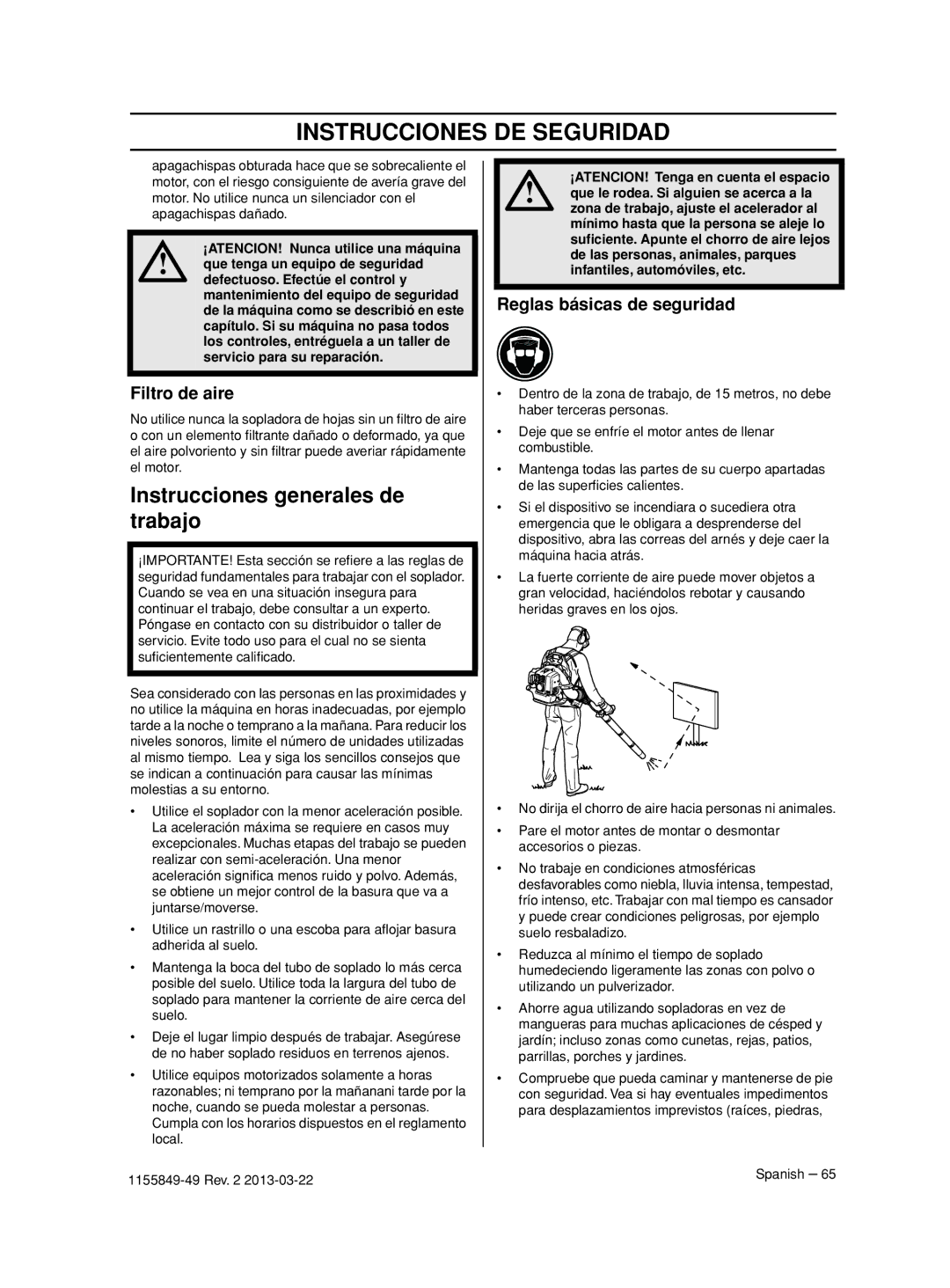 Husqvarna 966631102, 966629602, 966629501 Instrucciones generales de trabajo, Filtro de aire, Reglas básicas de seguridad 